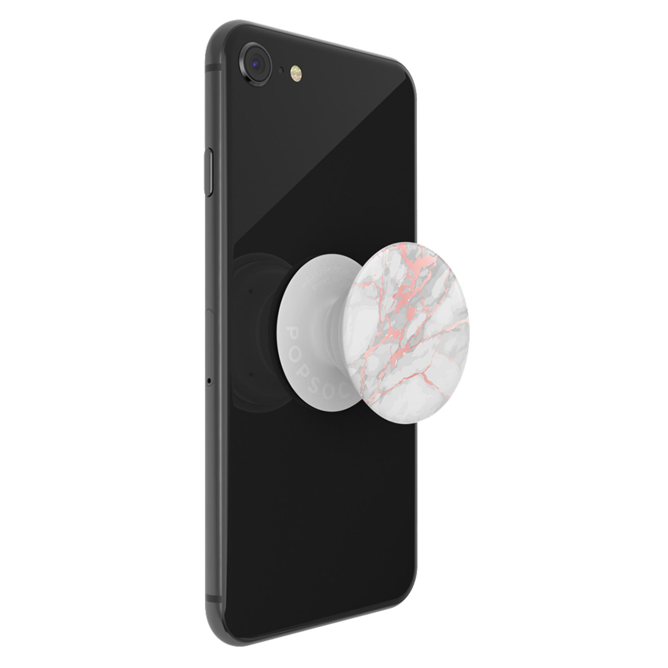 Ein schwarzes Smartphone mit einem weißen und rosa marmorierten PopSocket auf der Rückseite.