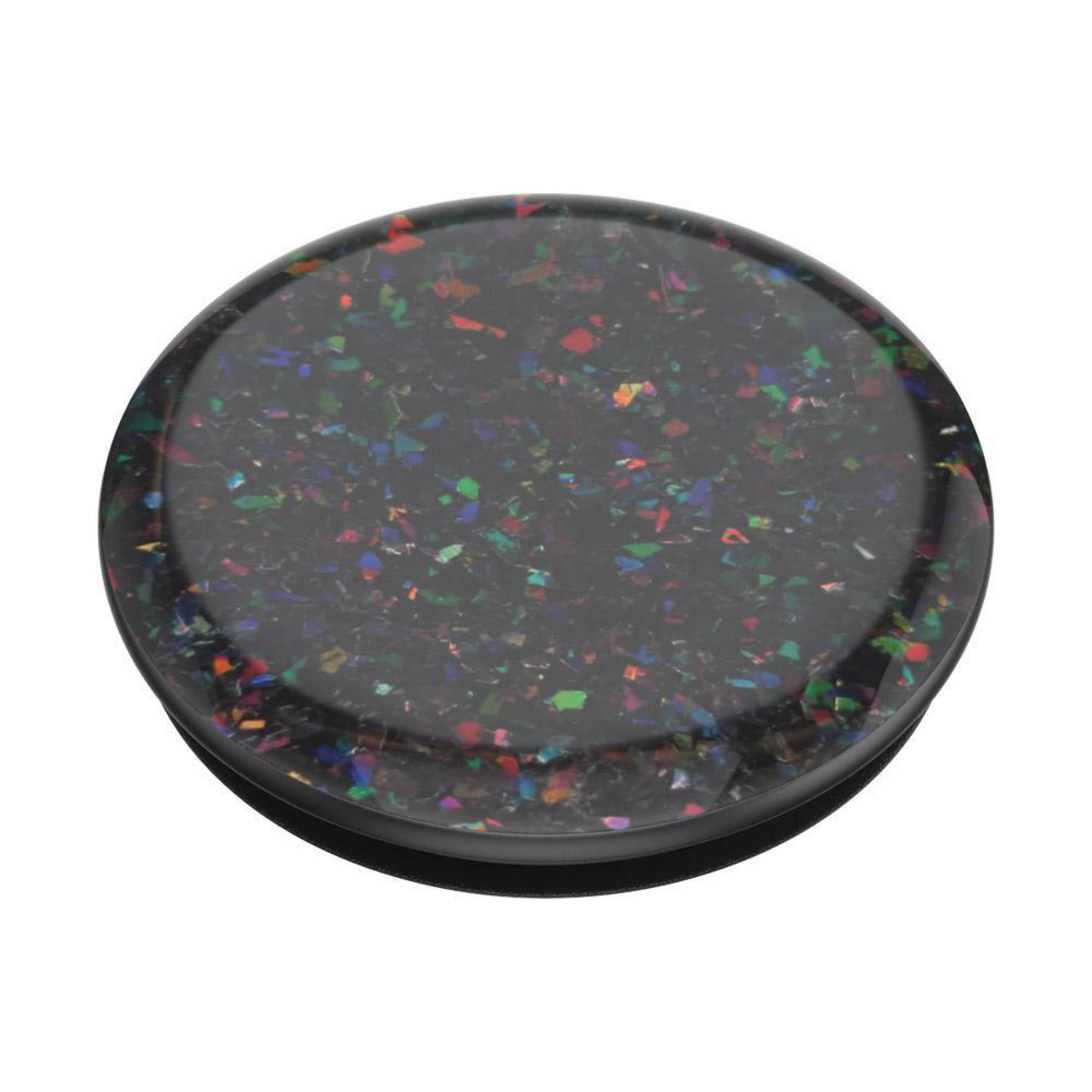 Schwarzer runder Pop-Socket mit schimmerndem, mehrfarbigem Design oben drauf.