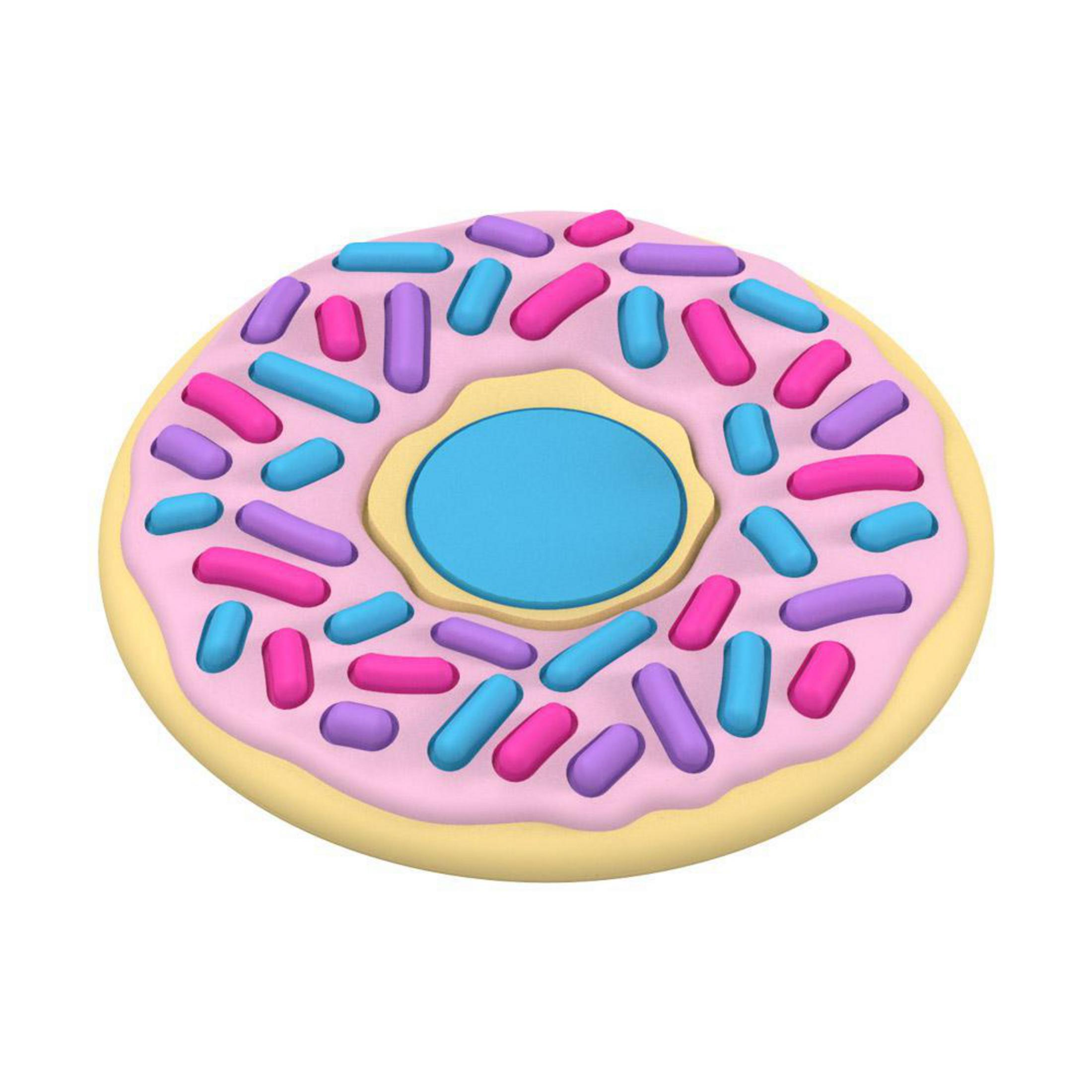 Rosa Donut mit bunten Streuseln und blauem Zentrum.