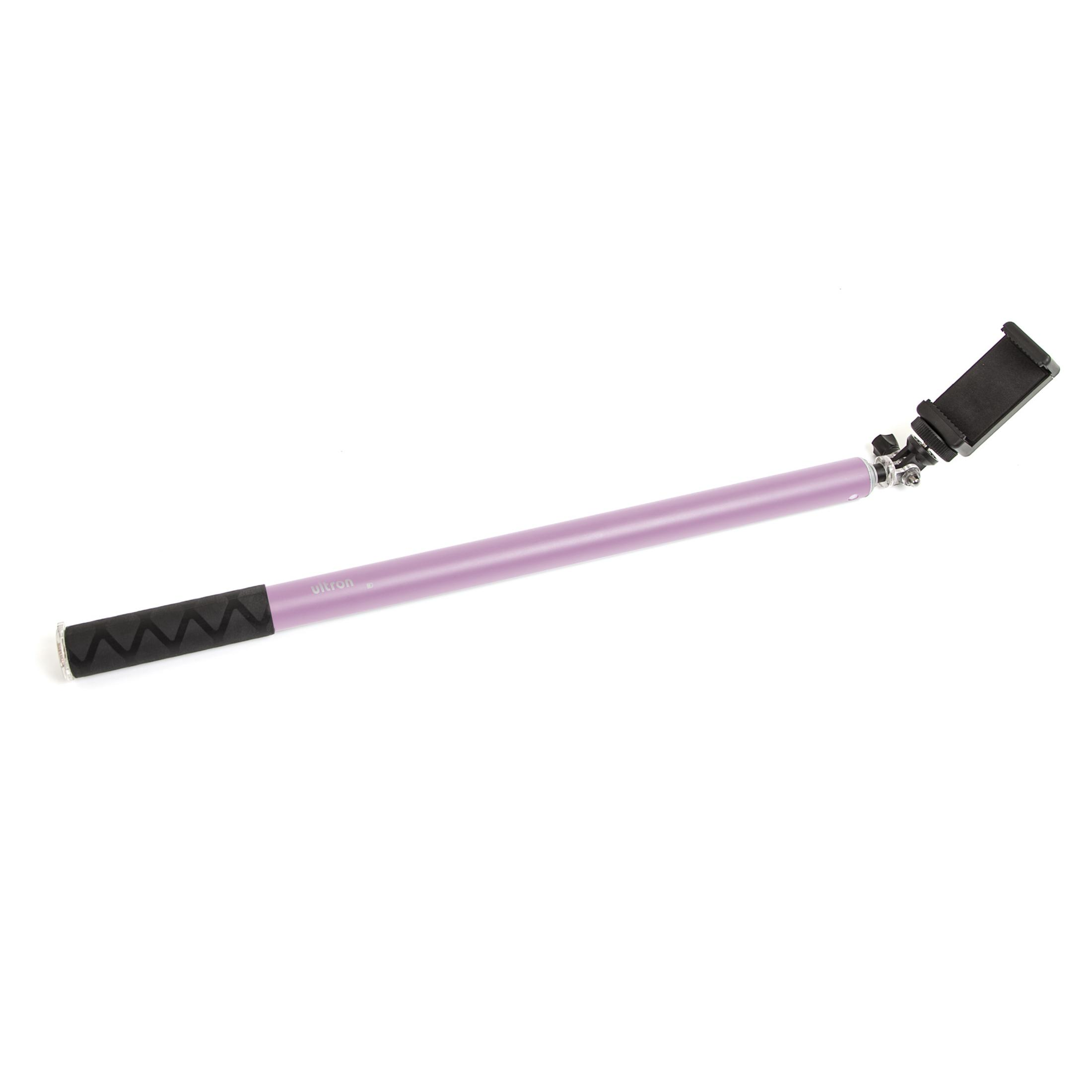 Ein lila Selfie-Stick mit einer Handyhalterung am Ende und einem schwarzen Schaumstoffgriff.