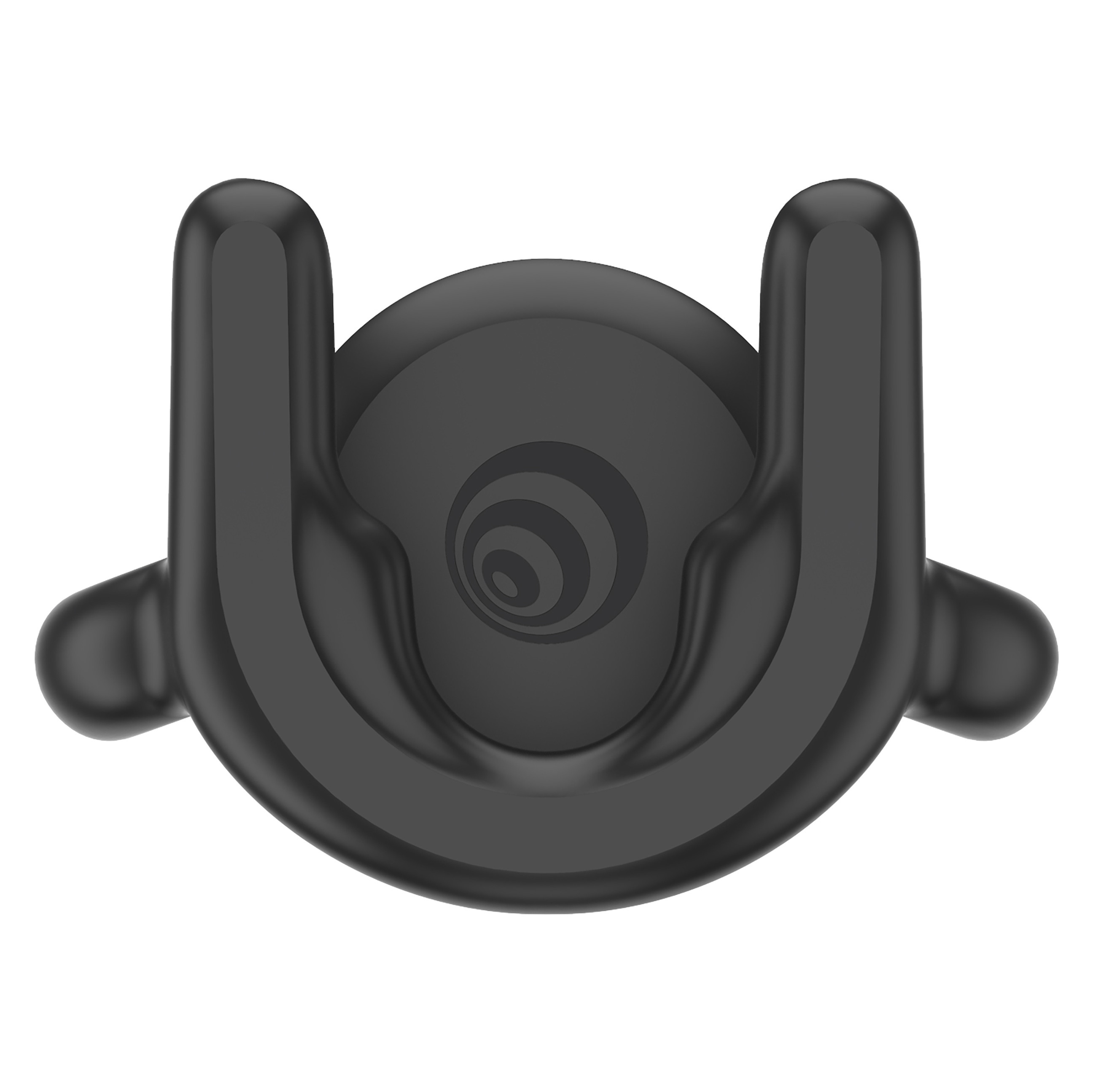 Un supporto per telefono nero con base circolare e due bracci a forma di U. Vista dall'alto.