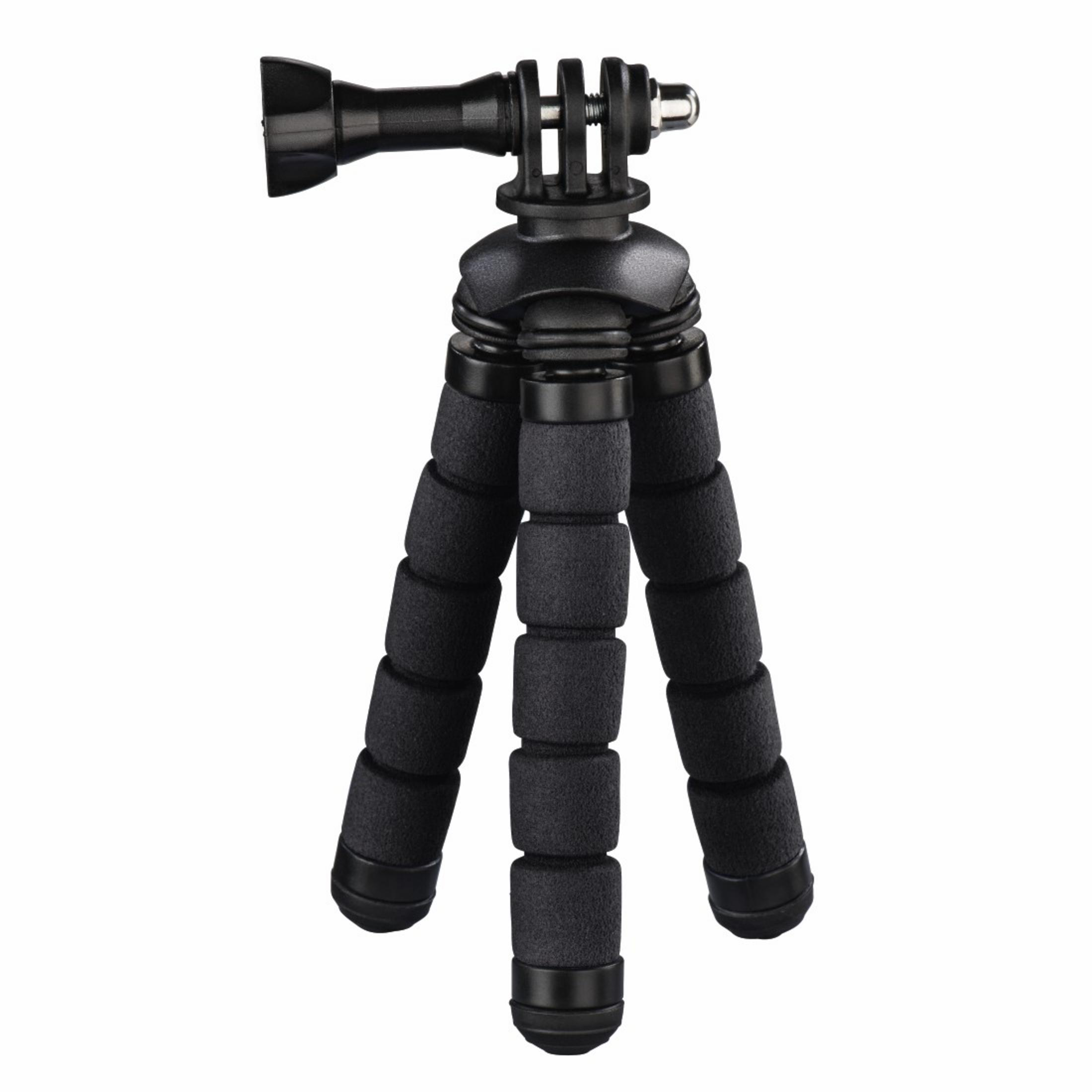 Black tripod with foam legs, and a camera mount. The tripod is on a white background.