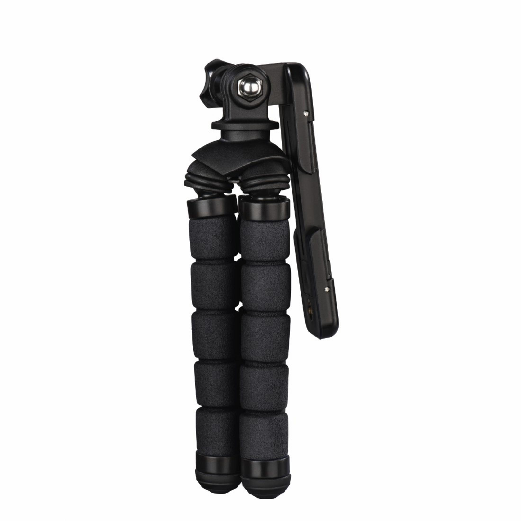 A black mini tripod with foam legs, stands upright.