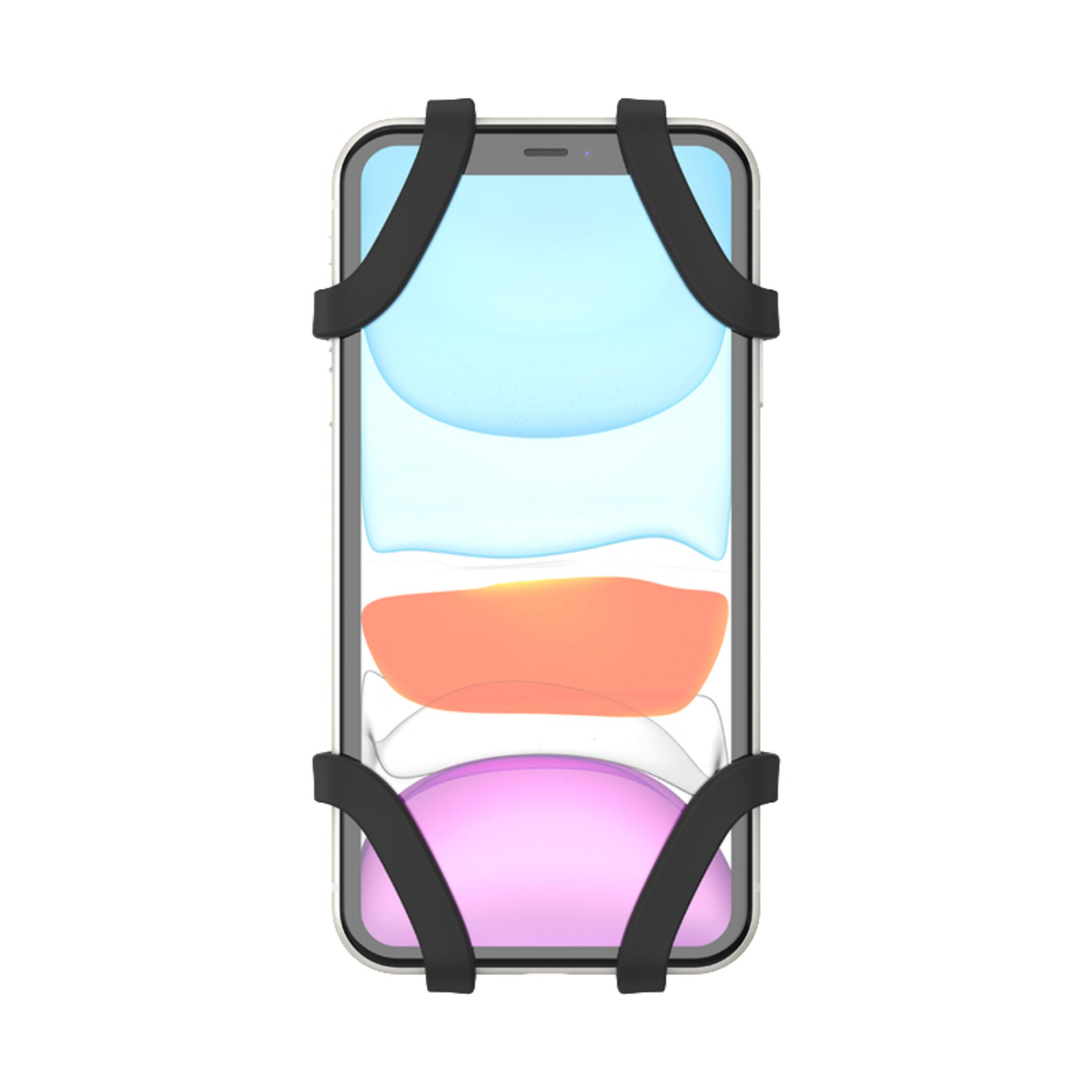 Telefon in einer schwarzen Halterung. Das Telefon ist zentriert, mit hellblauem und orangefarbenem Hintergrund.