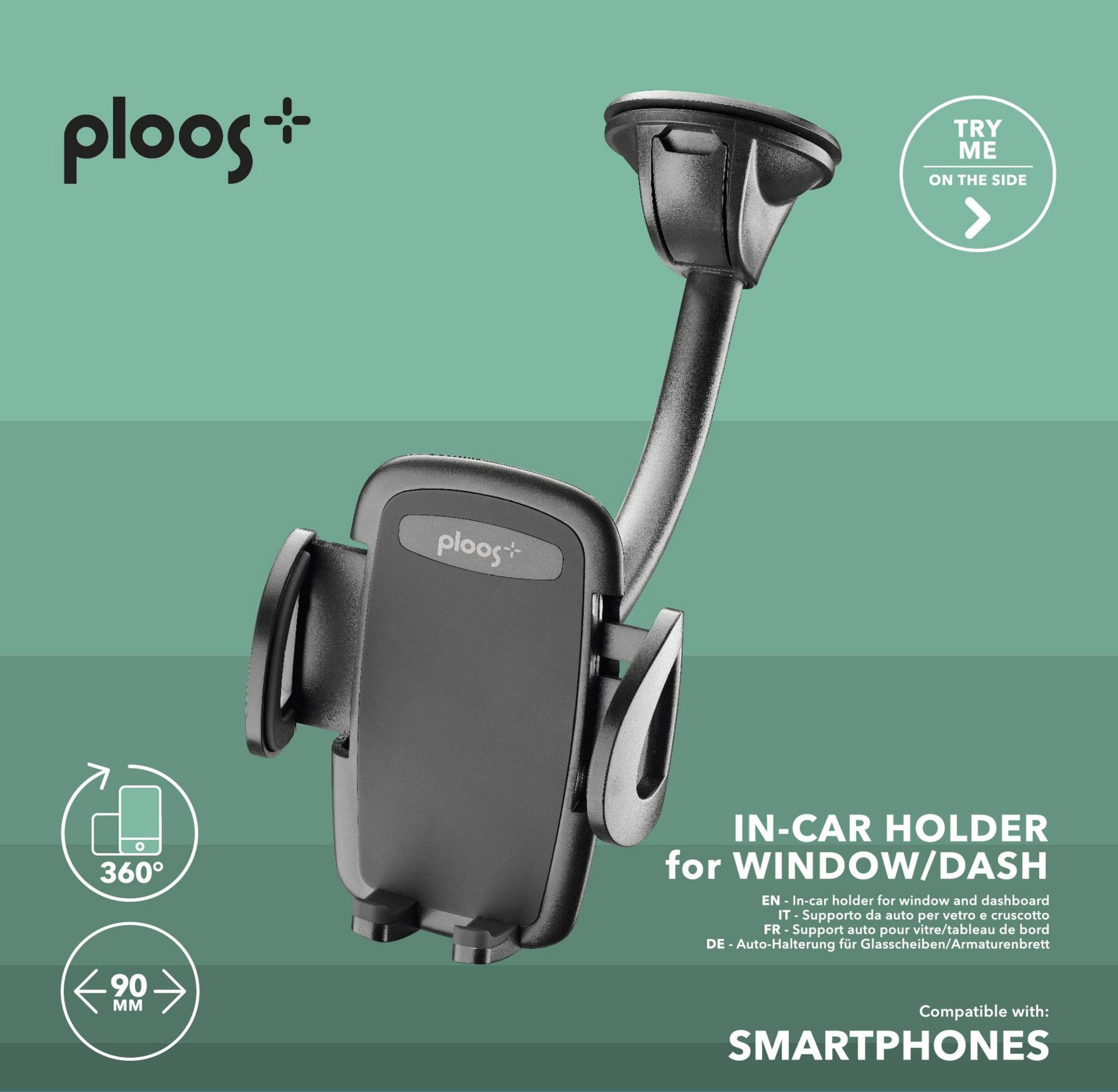 Schwarzer Autotelefonhalter mit flexiblem Arm, Saugnapf und Ploos-Logo, mit Text und Symbolen.