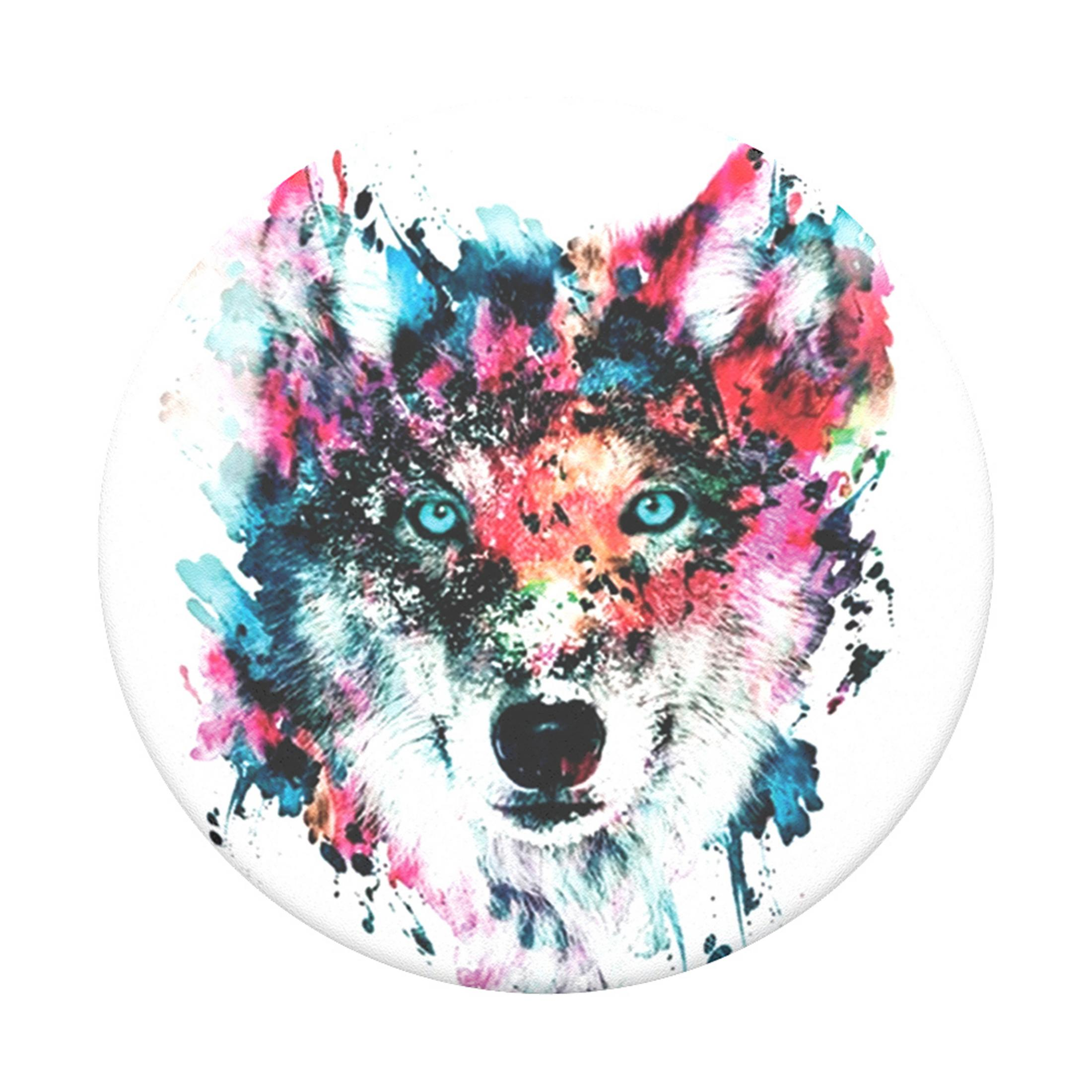 Bunter Wolfskopf auf weißem Hintergrund, bemalt mit verschiedenen hellen Farben.