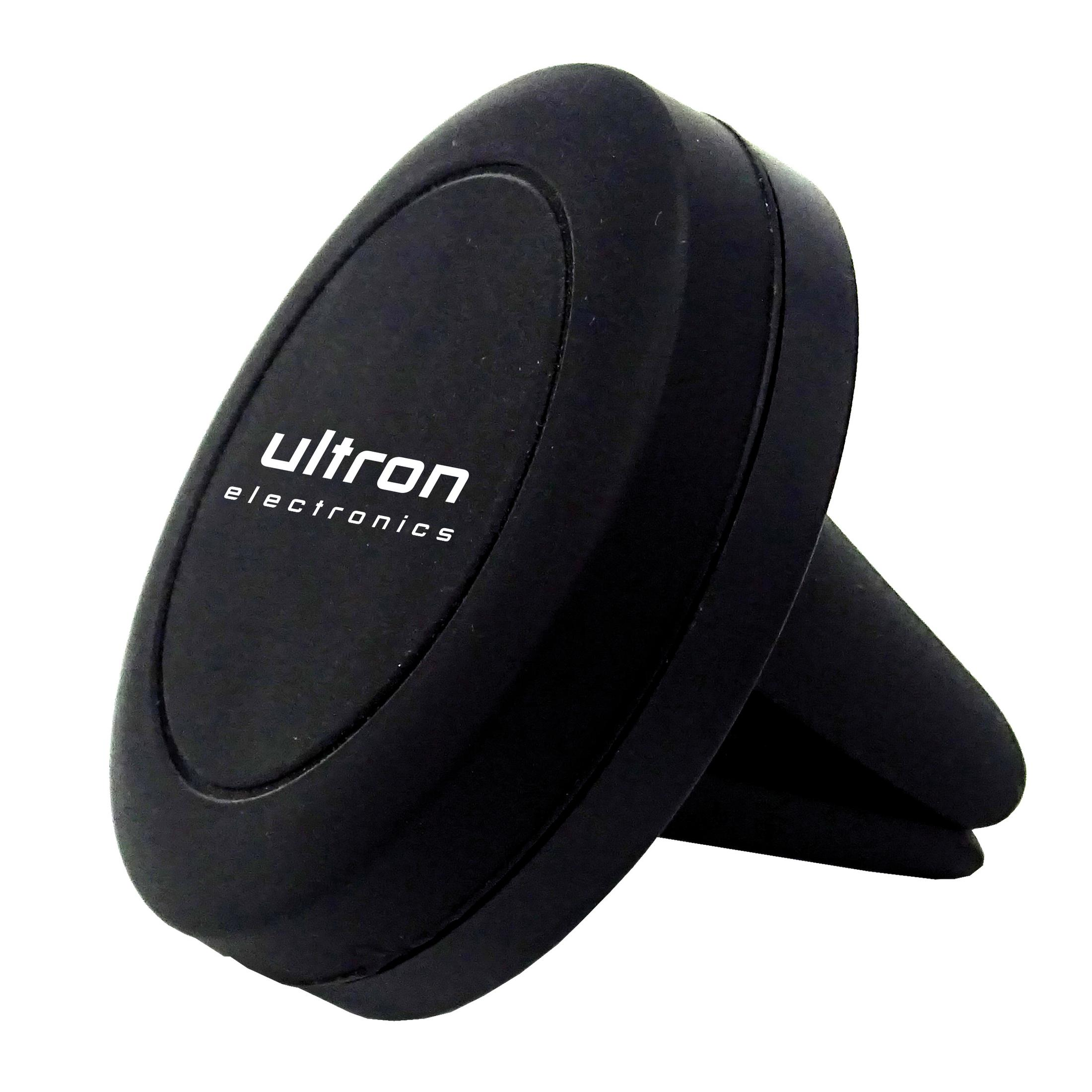 Schwarze Autolüftungshalterung für ein Telefon, mit dem weißen Logo 'ultron electronics' oben.