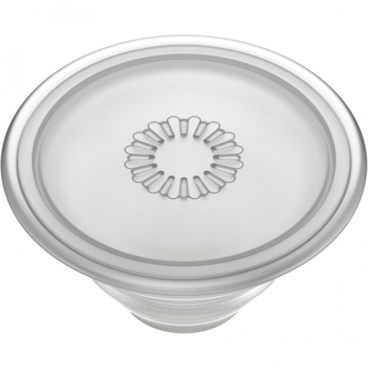 Ein klarer Kunststoffdeckel mit floralem Design in der Mitte und abgerundetem Rand. Draufsicht.