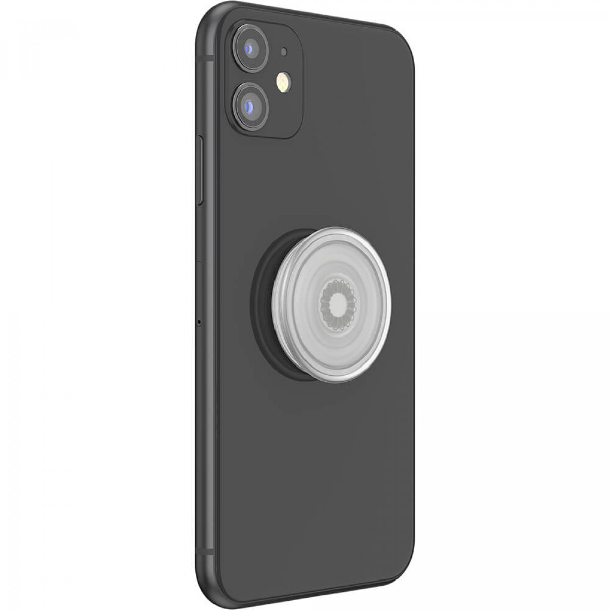 Schwarzes iPhone mit einem weißen PopSocket auf der Rückseite.