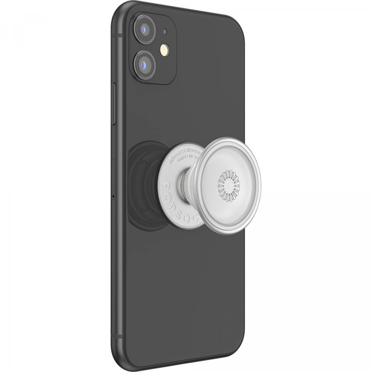 Schwarzes Telefon mit einem weißen PopSocket, Rückseite.