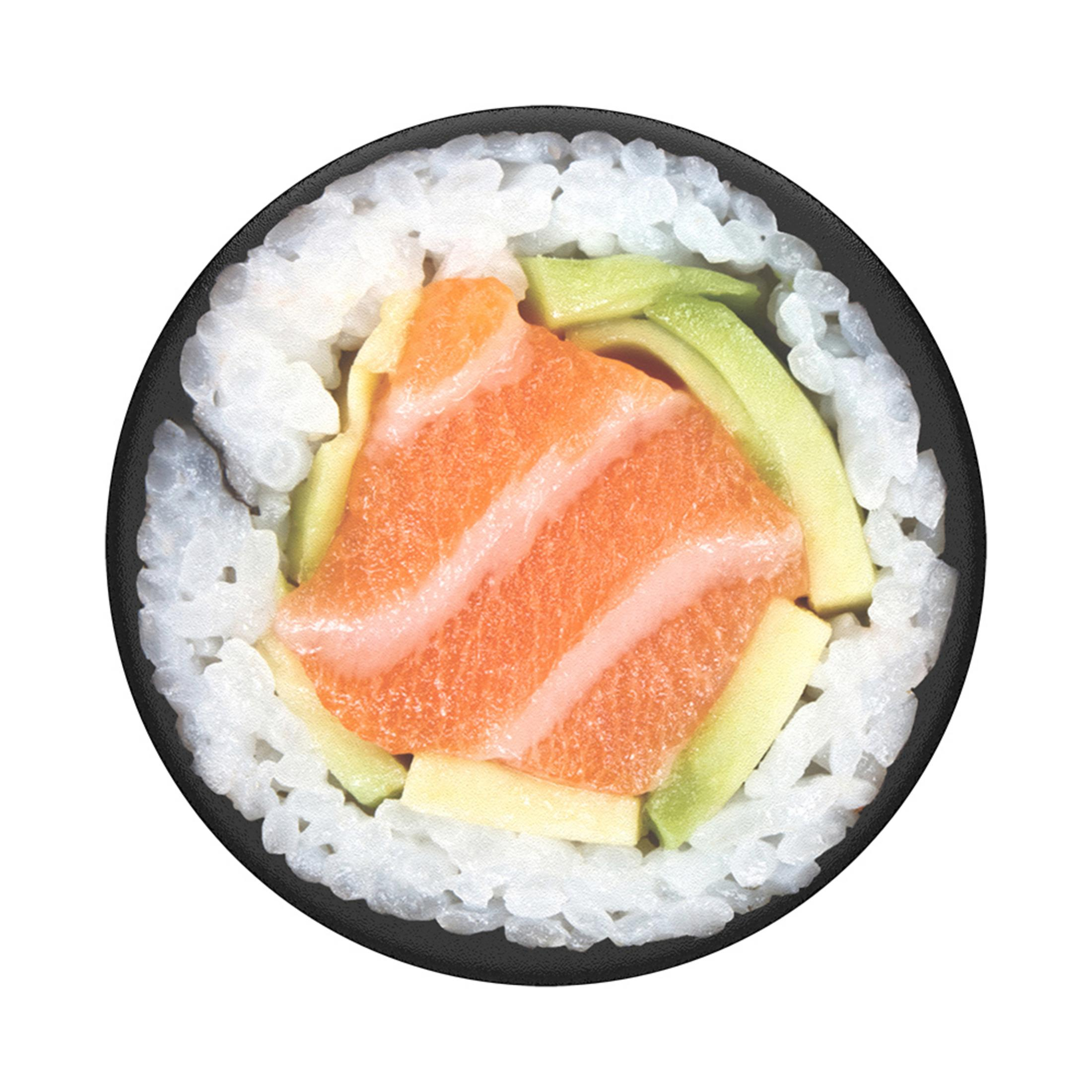 Rollo de sushi, salmón encima, con aguacate.