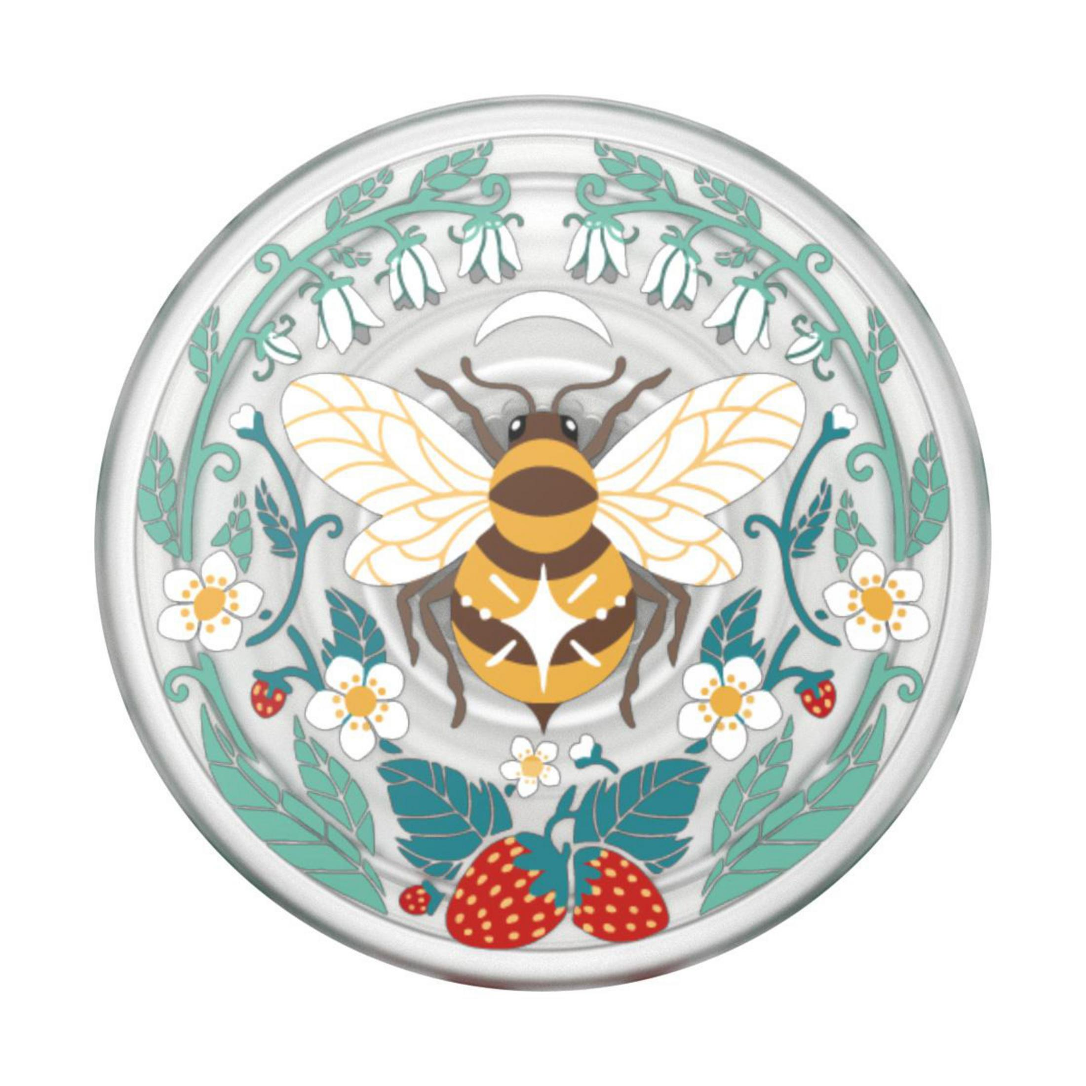 Ein runder, durchsichtiger PopSocket mit einem Bienendesign. Die Biene ist zentriert, mit Blumen und Blättern drumherum.