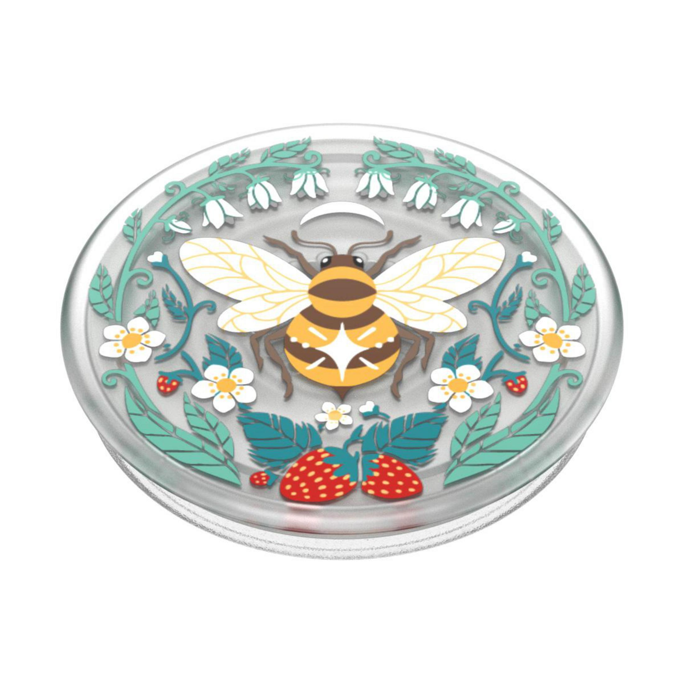 Ein runder Behälter mit einem Bienen- und Blumendesign auf einer transparenten Oberfläche. Es ist kreisförmig mit weißem Hintergrund.