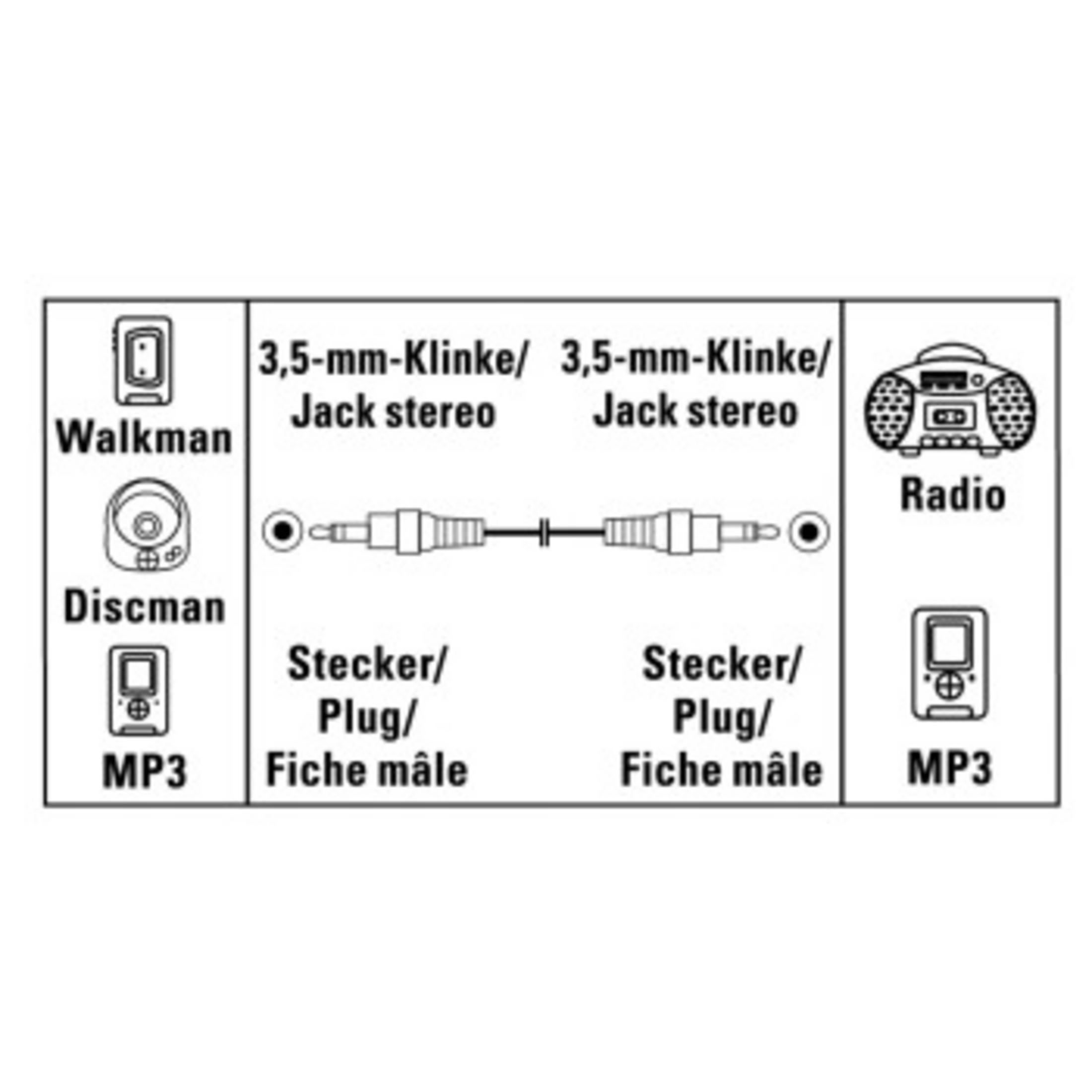 Diagramm von Audioanschlüssen und Geräten, einschließlich Walkman, Discman, MP3-Player und Radio.