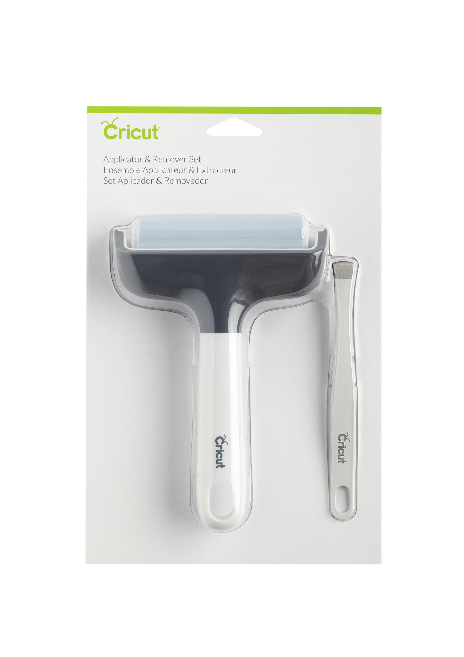Cricut Applikator- und Entferner-Set. Weißer und schwarzer Griff, klarer Kunststoff. Weißer Hintergrund.