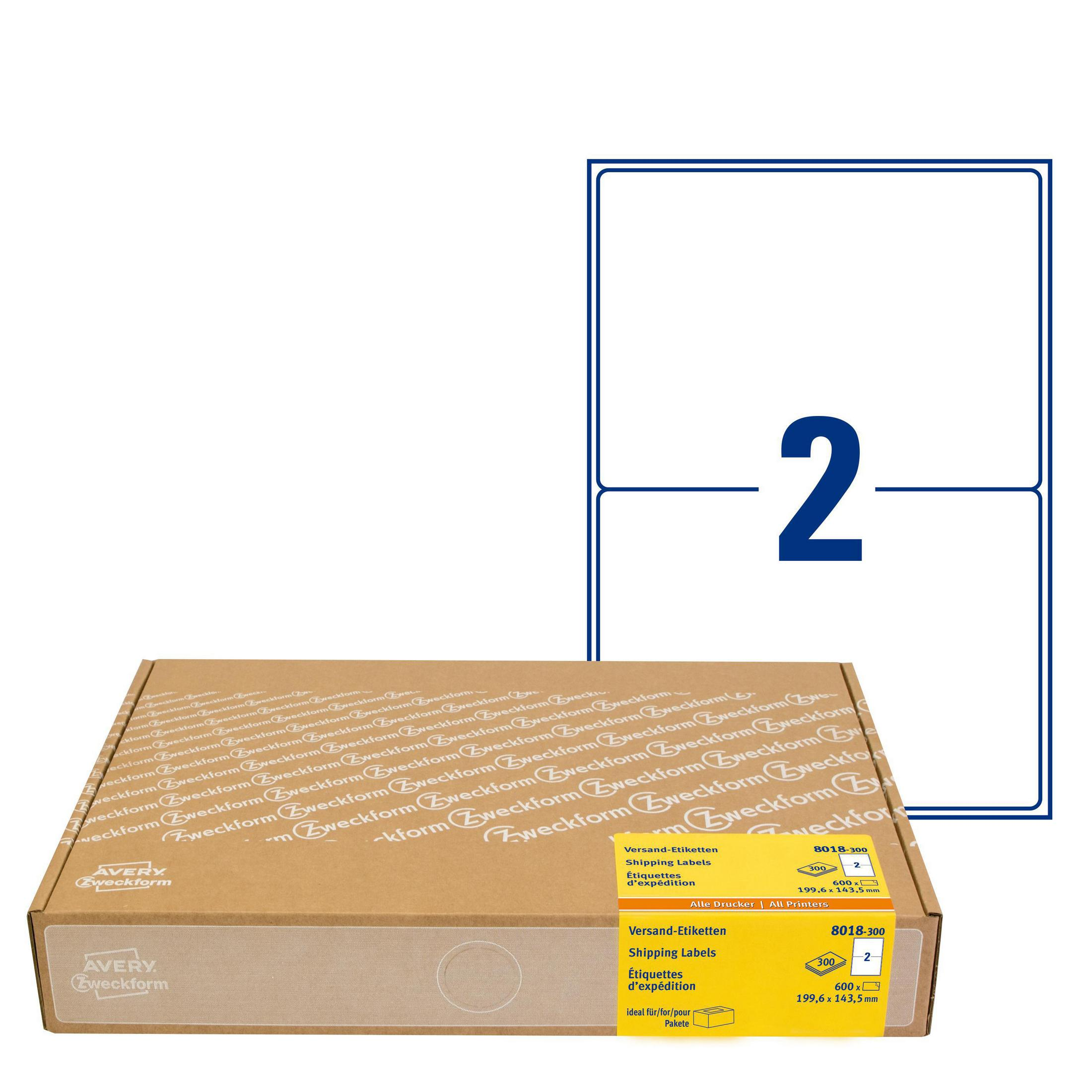 Zwei Versandetiketten in einer Box mit einem bedruckten Avery-Etikettenfeld und der Zahl 2.