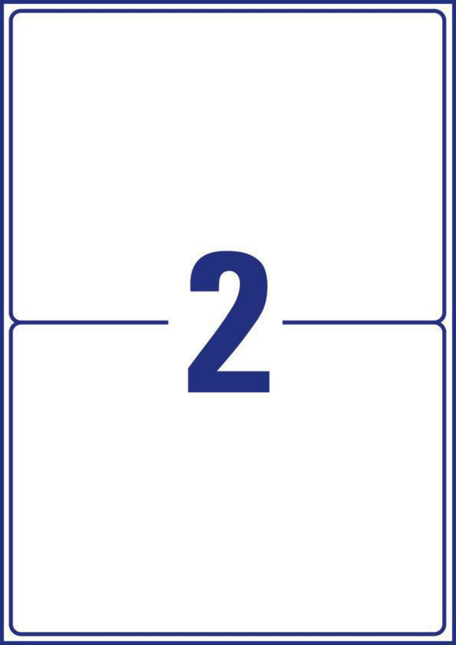 Zwei weiße Etiketten mit der Zahl 2 in Blau, vor einem blauen Rand.