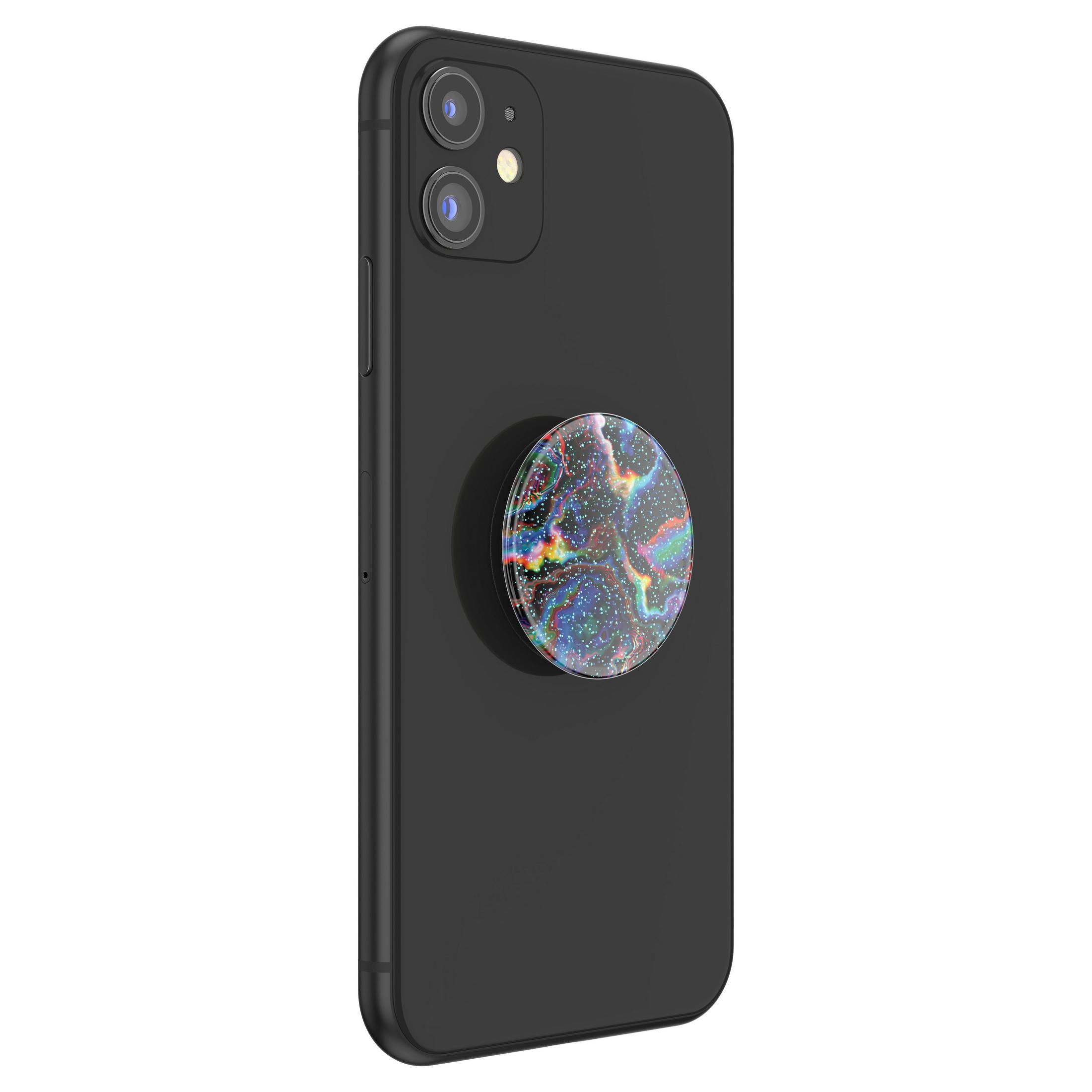 Schwarzes Telefon mit einem bunten, glitzernden PopSocket auf der Rückseite.