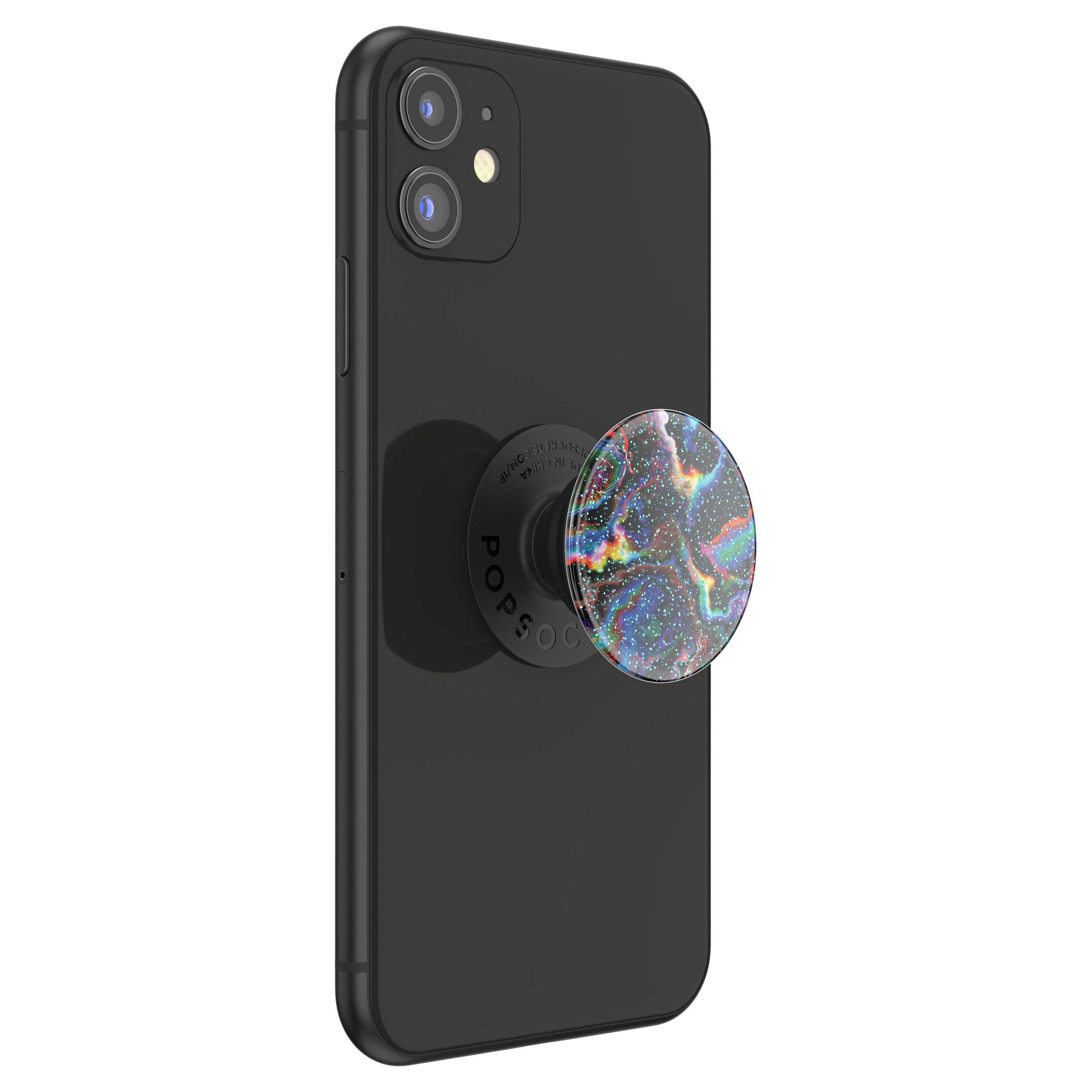Schwarzes Smartphone mit aufgesteckter Pop-Up-Buchse, farbenfrohes, galaxieartiges Design.