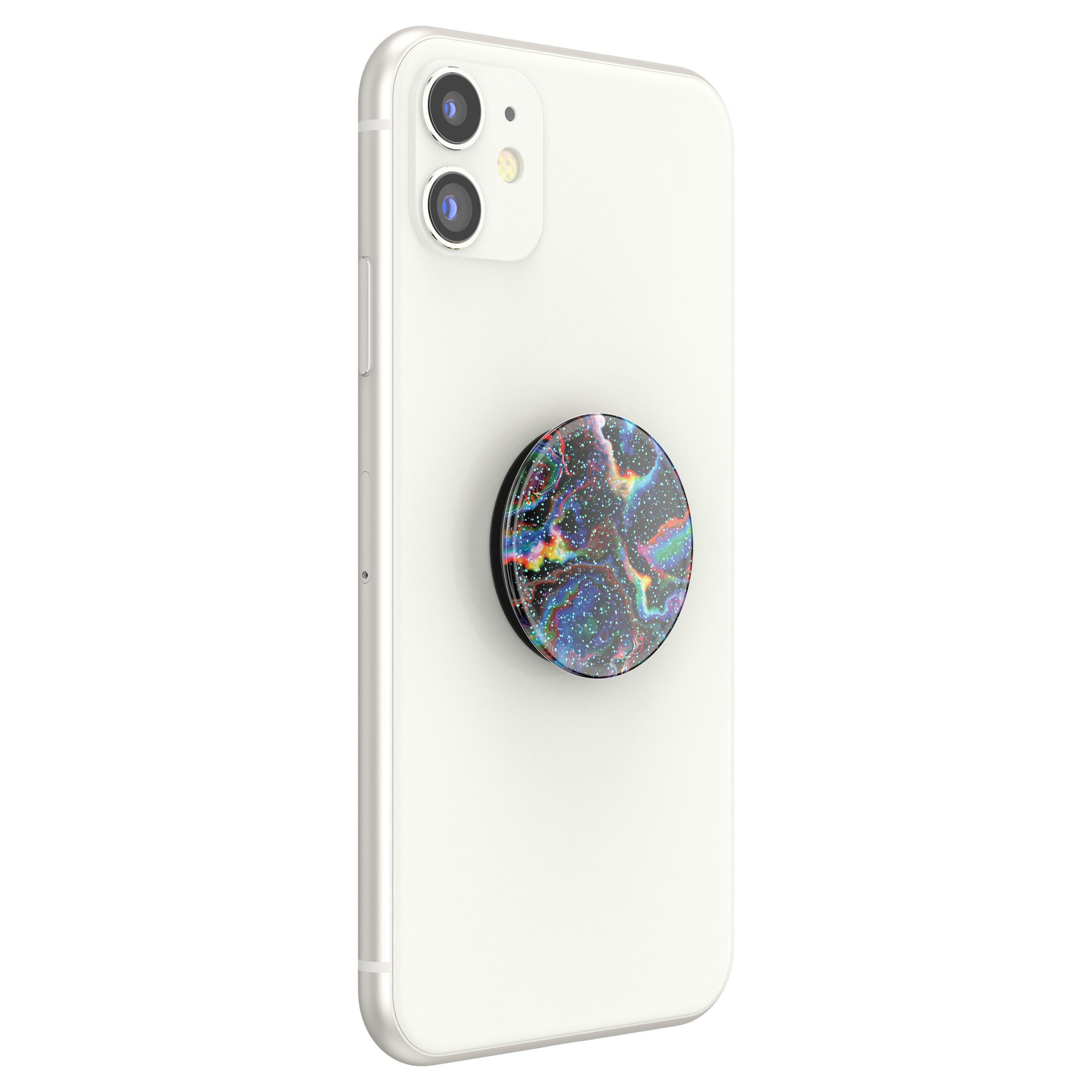 Weißes Smartphone mit einem PopSocket auf der Rückseite. Der PopSocket hat ein farbenfrohes Design.