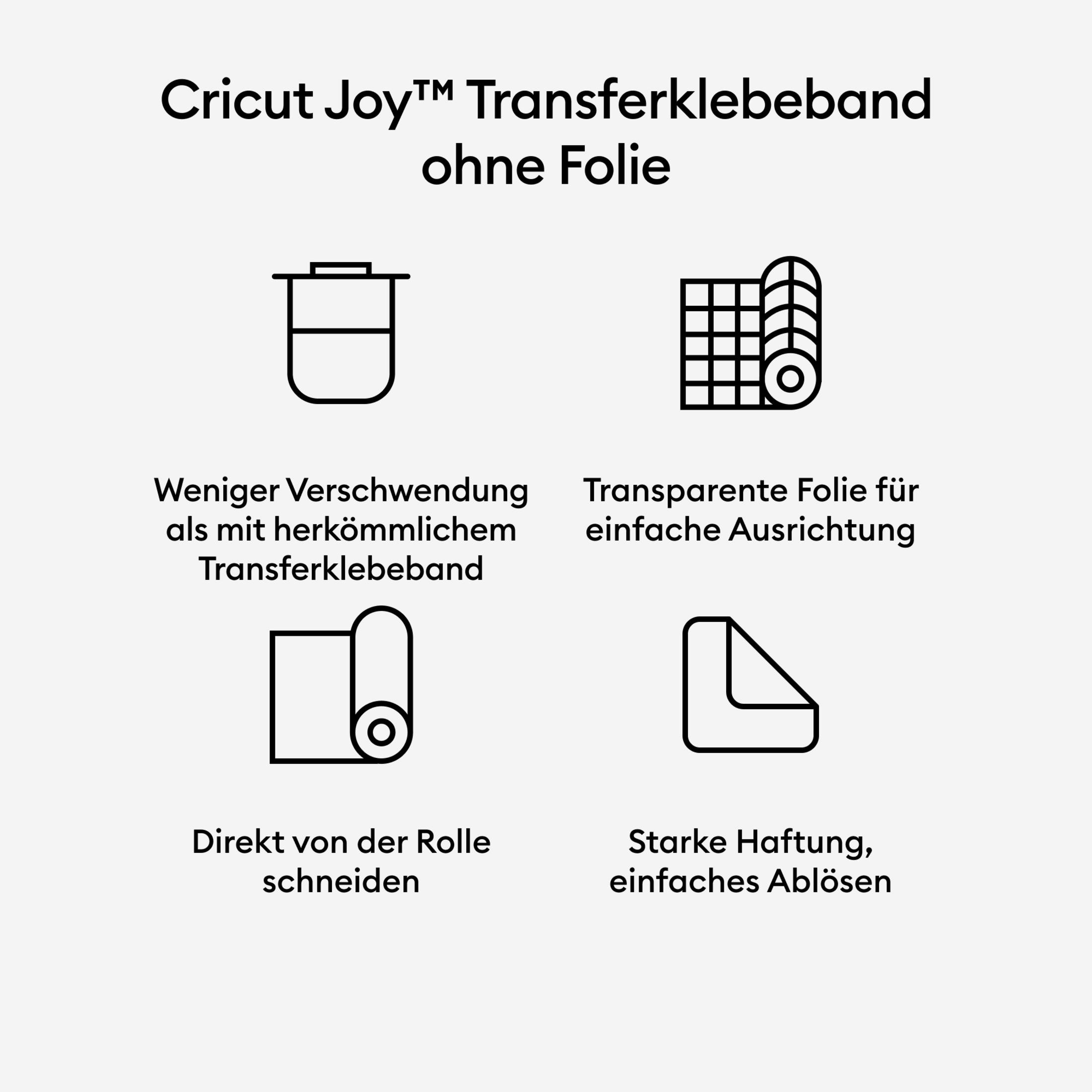 Symbole, die Tape-Funktionen beschreiben: weniger Abfall, einfache Ausrichtung, Zuschnitt, starker Halt.