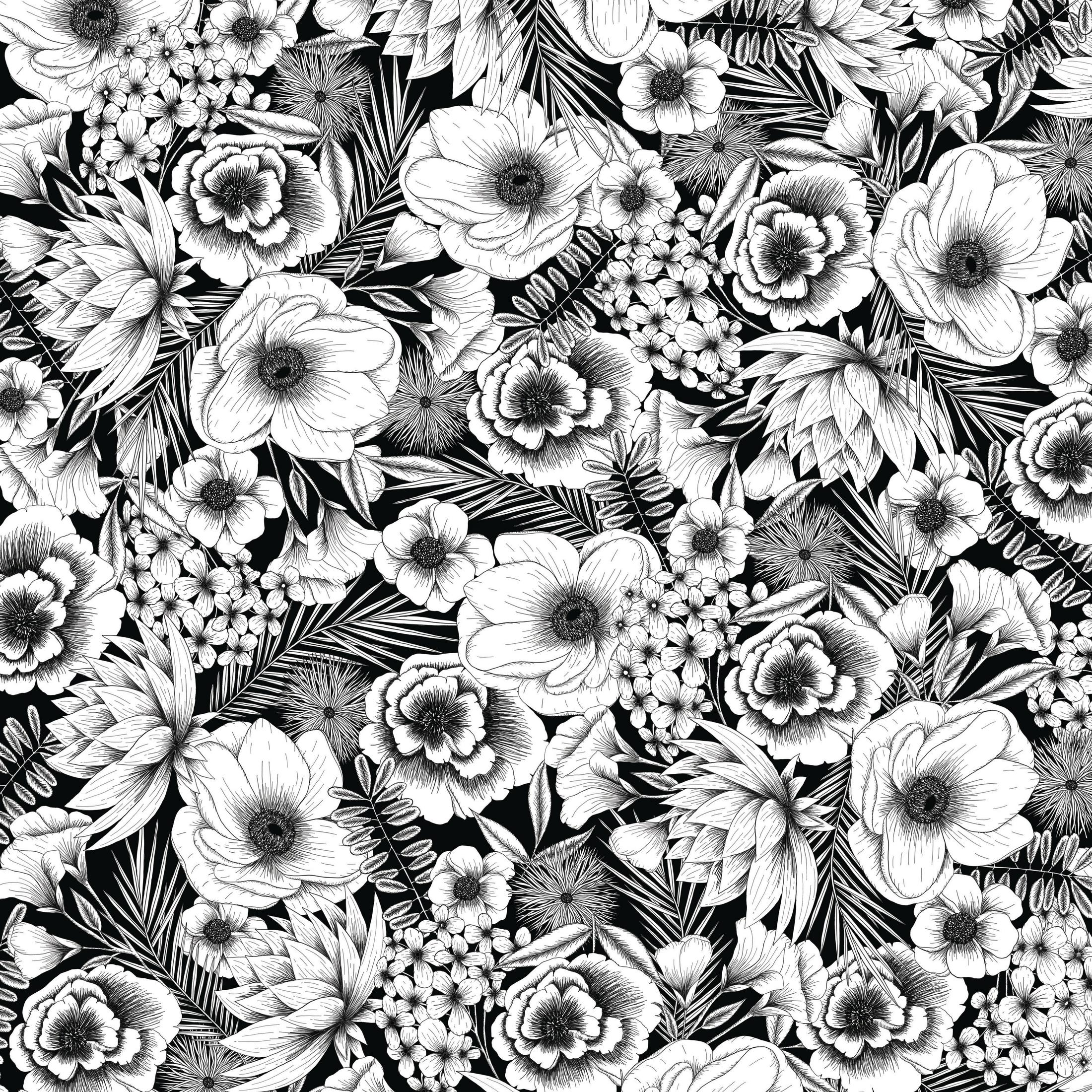 Schwarz-weißes Blumenmuster. Blumen und Blätter. Schwarzer Hintergrund.