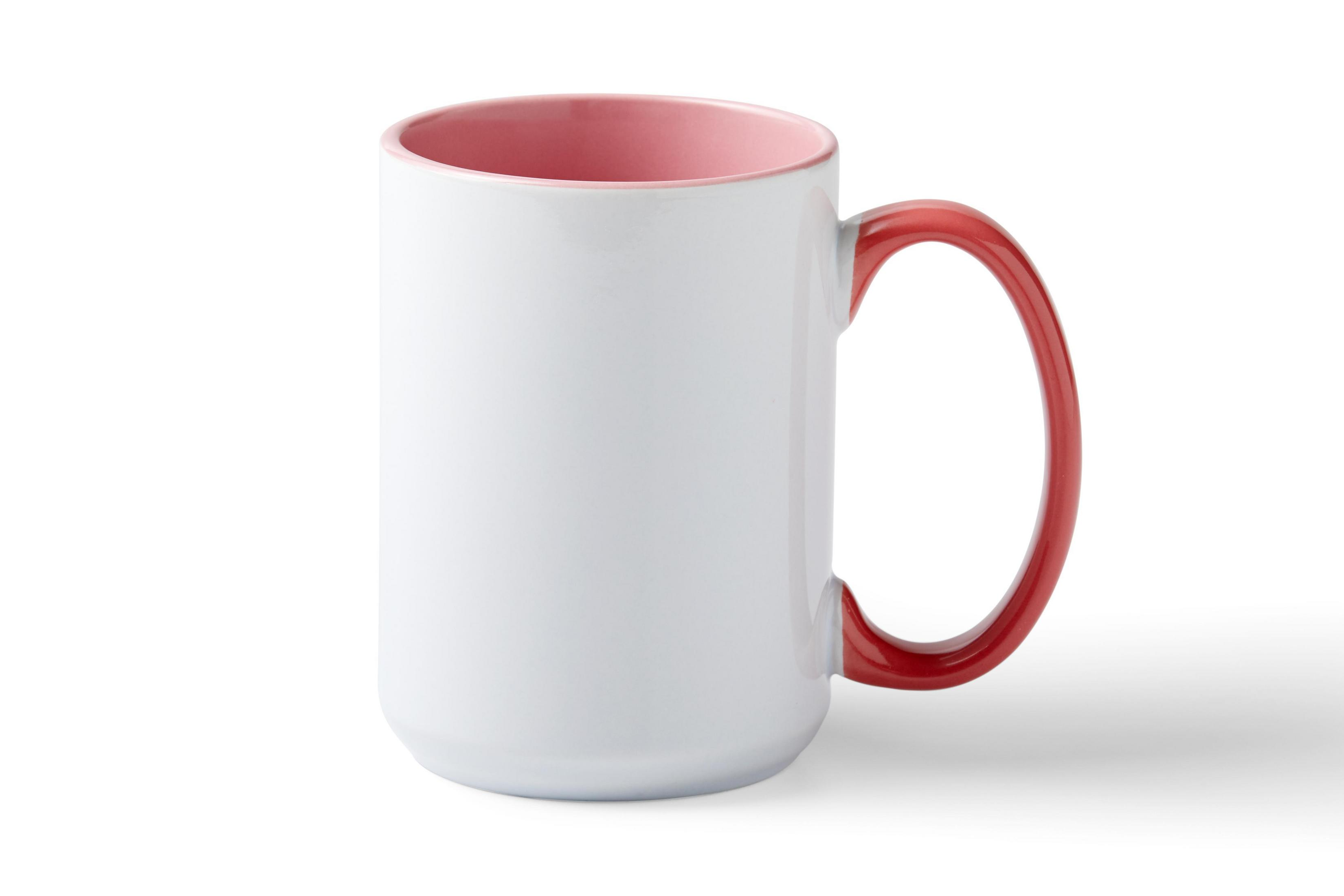 Weißer Becher mit rotem Griff und Innenraum. Schatten auf weißem Hintergrund.