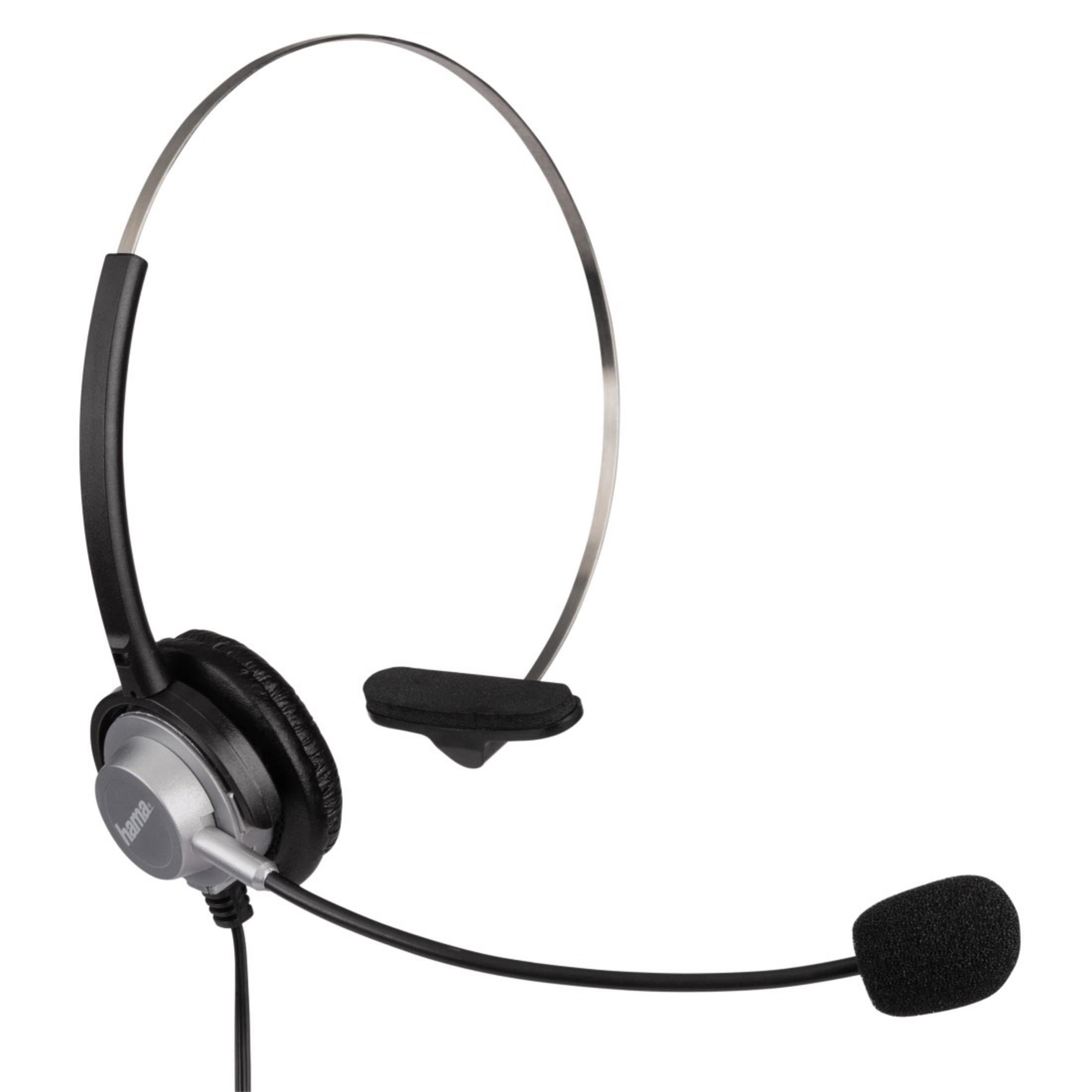 Schwarzes und silbernes Headset mit Mikrofon. Das Headset hat einen gebogenen Kopfbügel.