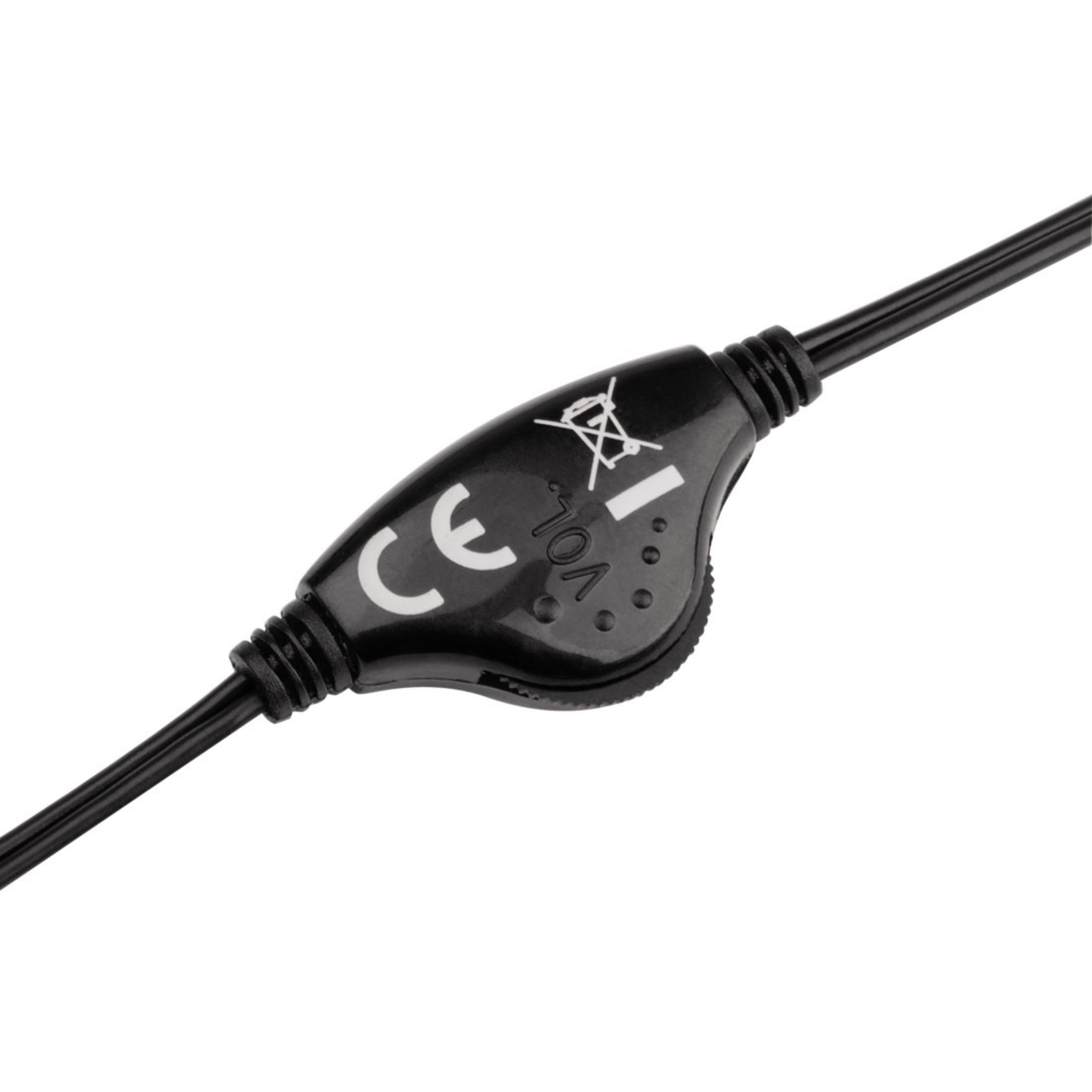 Ein schwarzes Steuermodul mit CE-Kennzeichen, Lautstärkeregelung und Kabel. Schwarzer Hintergrund.