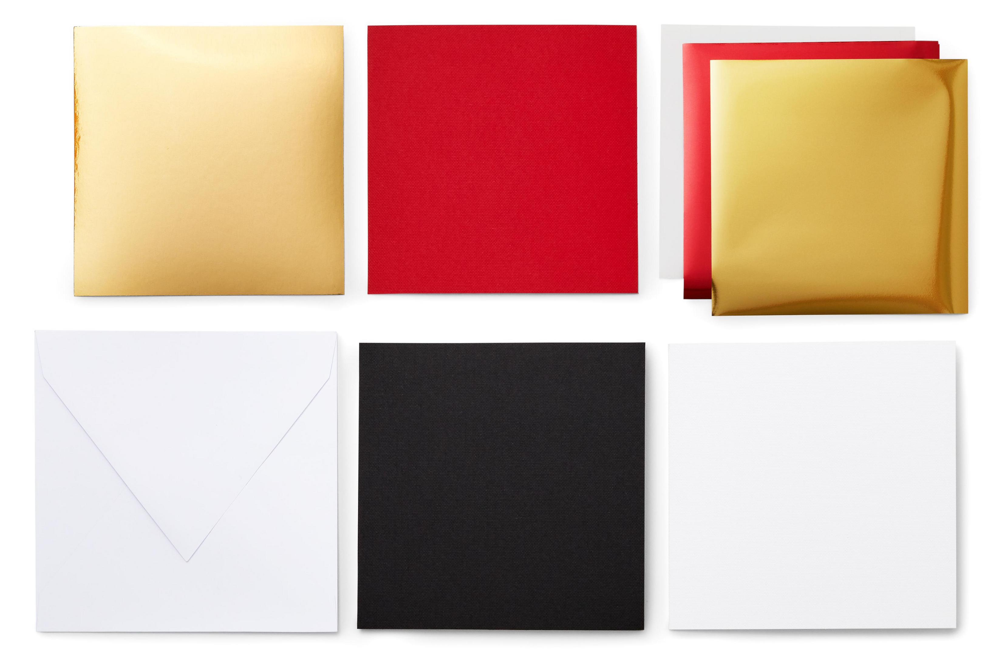 Sechs farbige Quadrate angeordnet. Gold, rot und gold. Weiß, schwarz und weiß.
