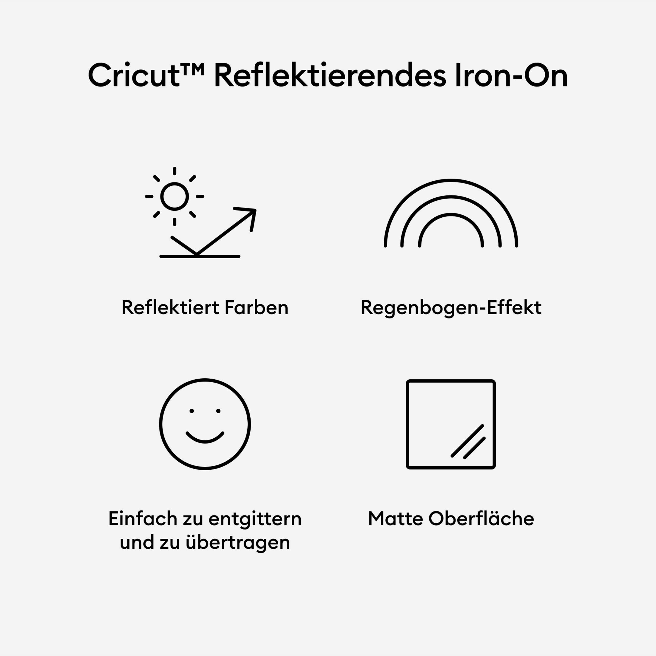 Symbole auf weißem Hintergrund zeigen reflektierende Farben, Regenbogeneffekt, einfachen Transfer und matte Oberfläche.