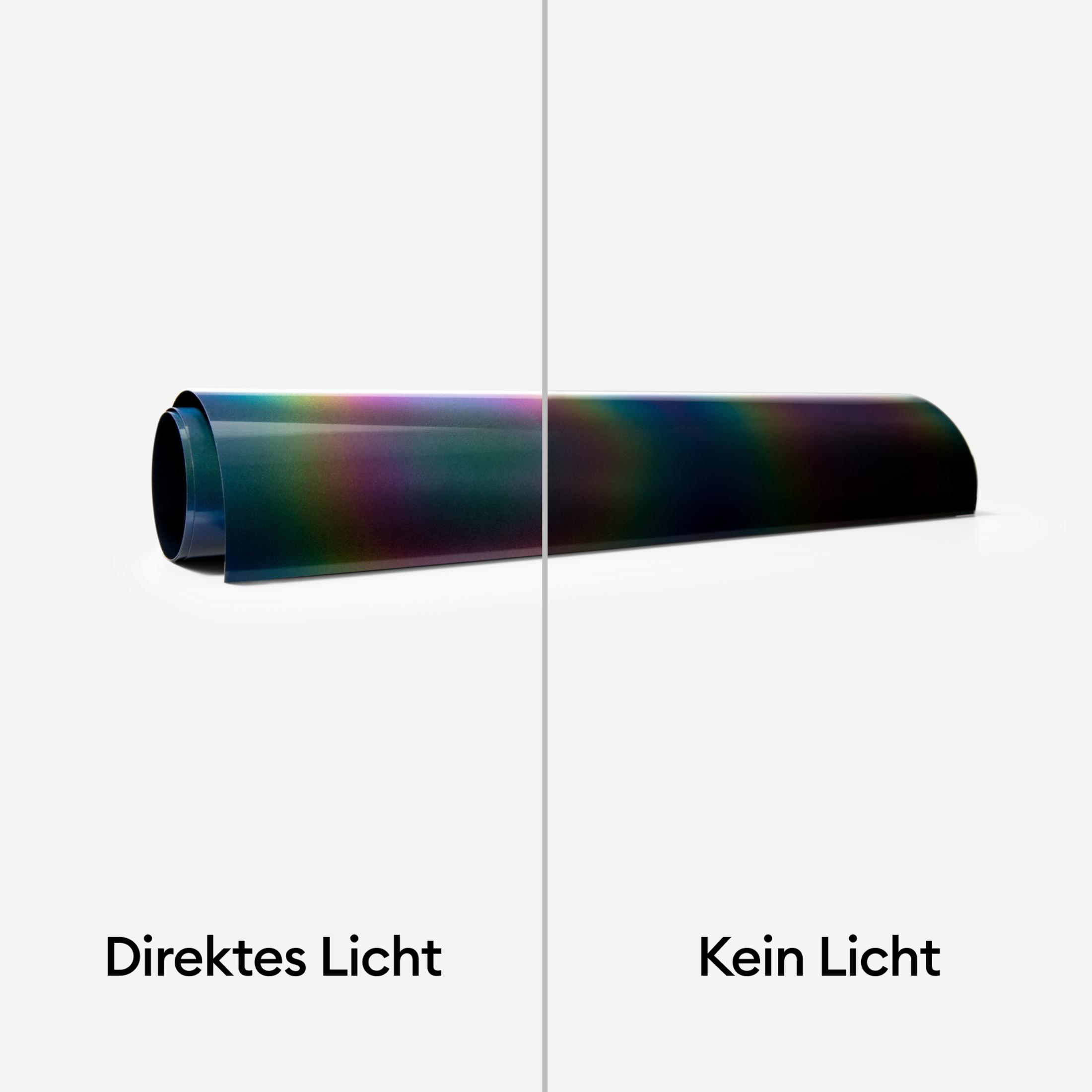 Eine Rolle schillernden Materials zeigt Farbveränderungen bei direktem Licht und ohne Licht.