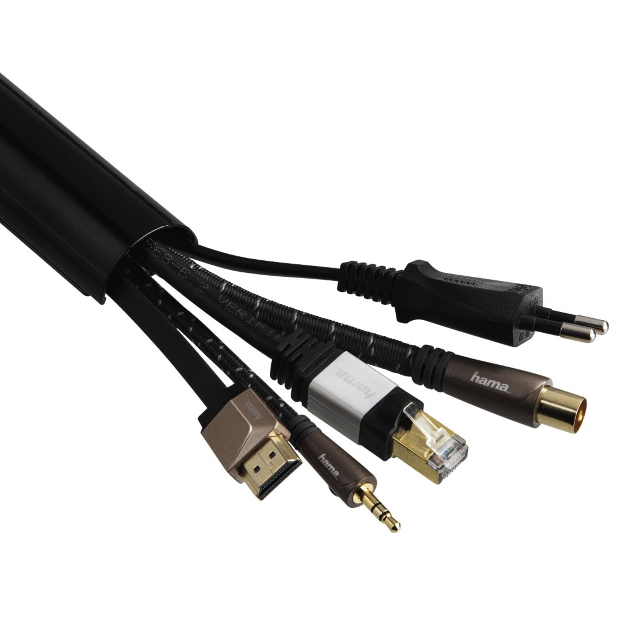 Kabelbündel in schwarzer Hülle. Mehrere Anschlüsse sichtbar, darunter HDMI und Ethernet.