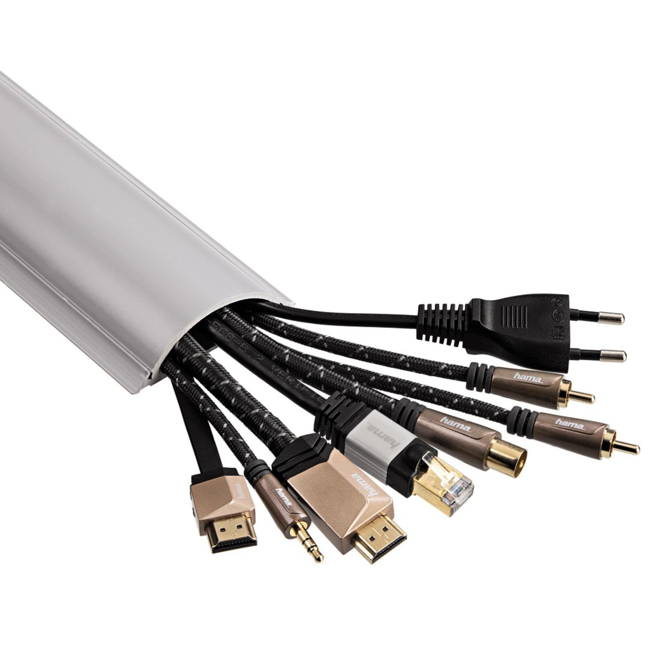 Kabel sind in einem silbernen Kabelkanal angeordnet. Verschiedene Anschlüsse: HDMI, Ethernet, Strom usw.