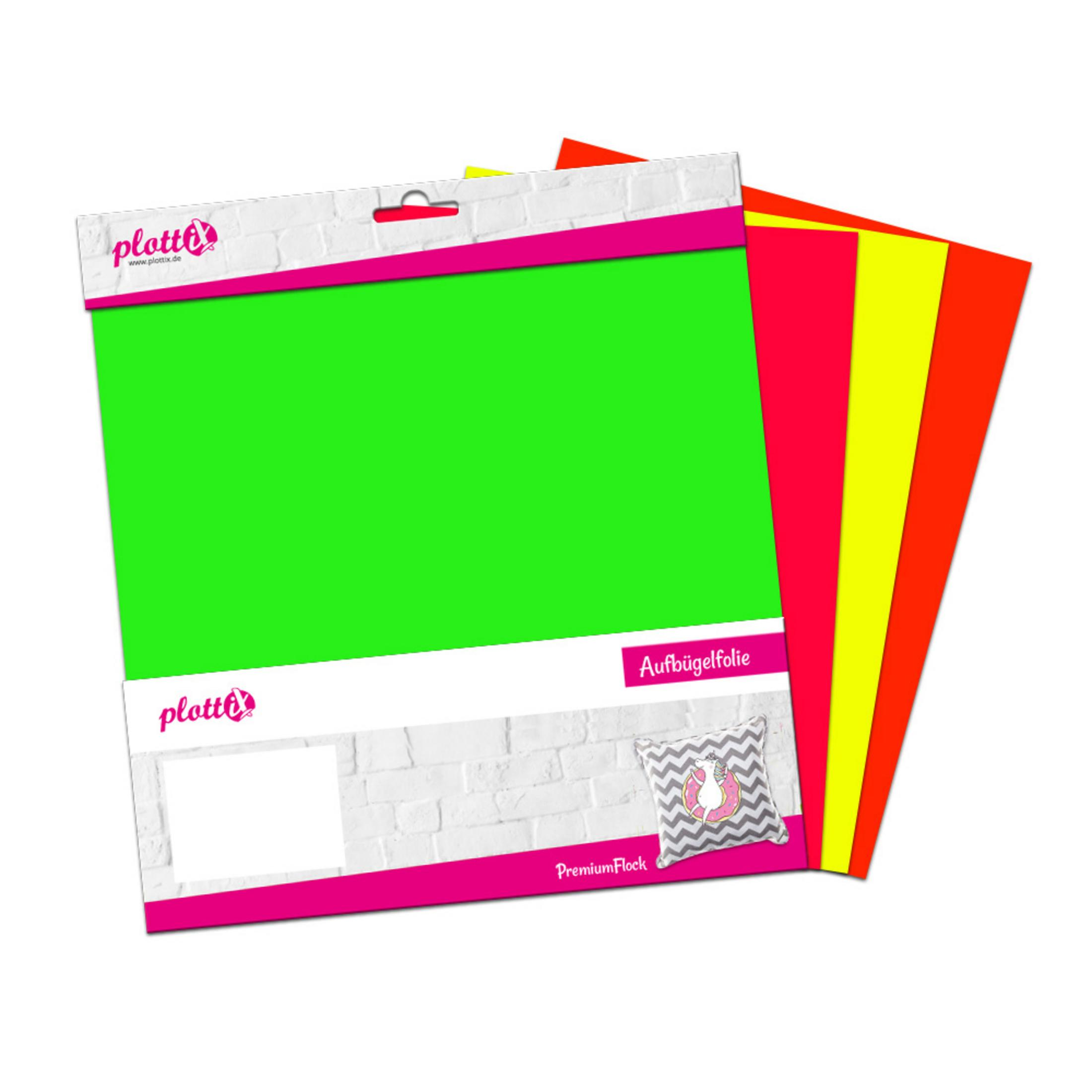 Blätter aus neongrünem, rotem und gelbem Bügelvinyl. Eine rosa-weiße Verpackung ist sichtbar.