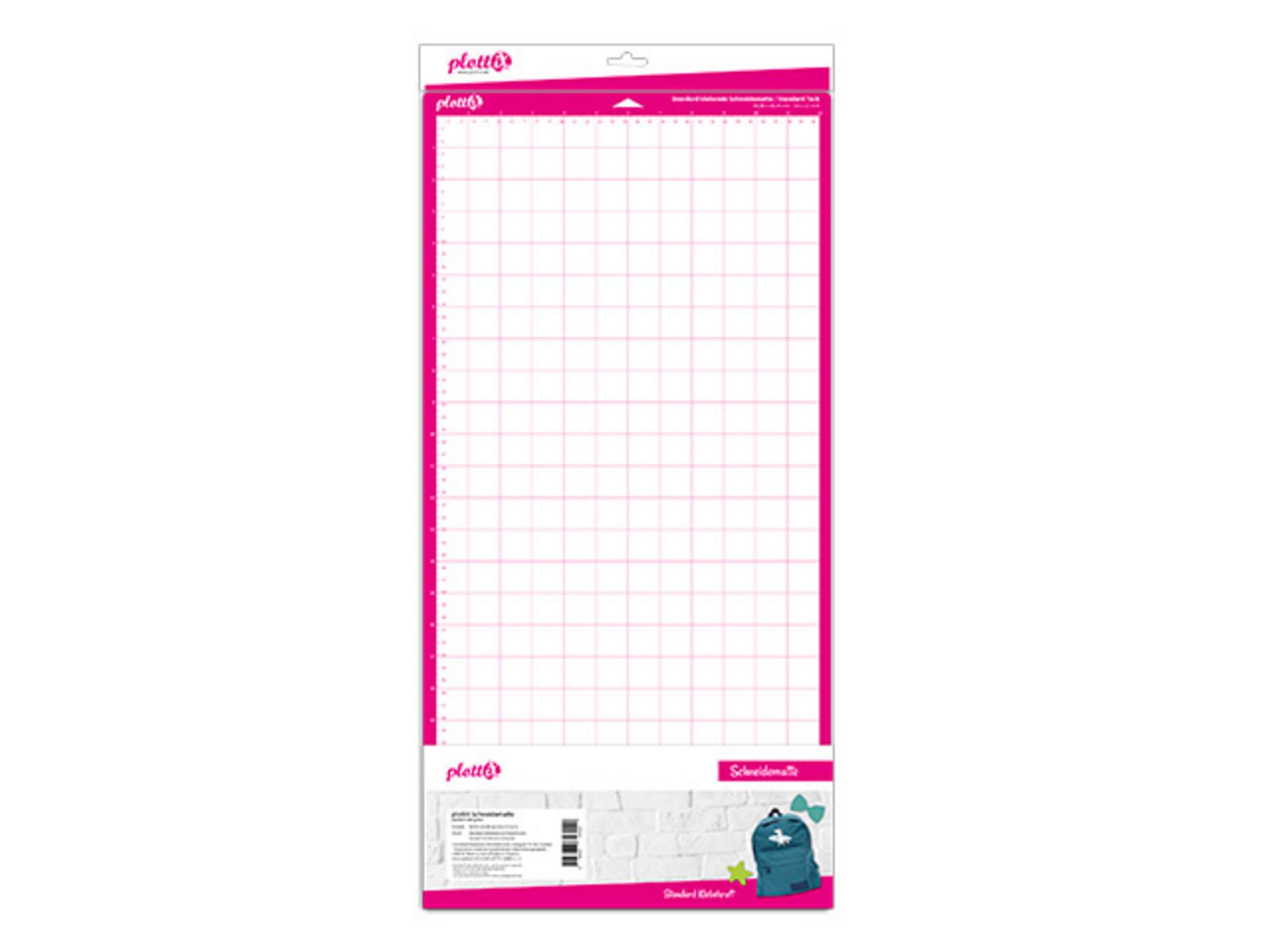Eine pinkfarbene Schneidematte mit Gittermuster, mit weißem Hintergrund und dem Markennamen plott.
