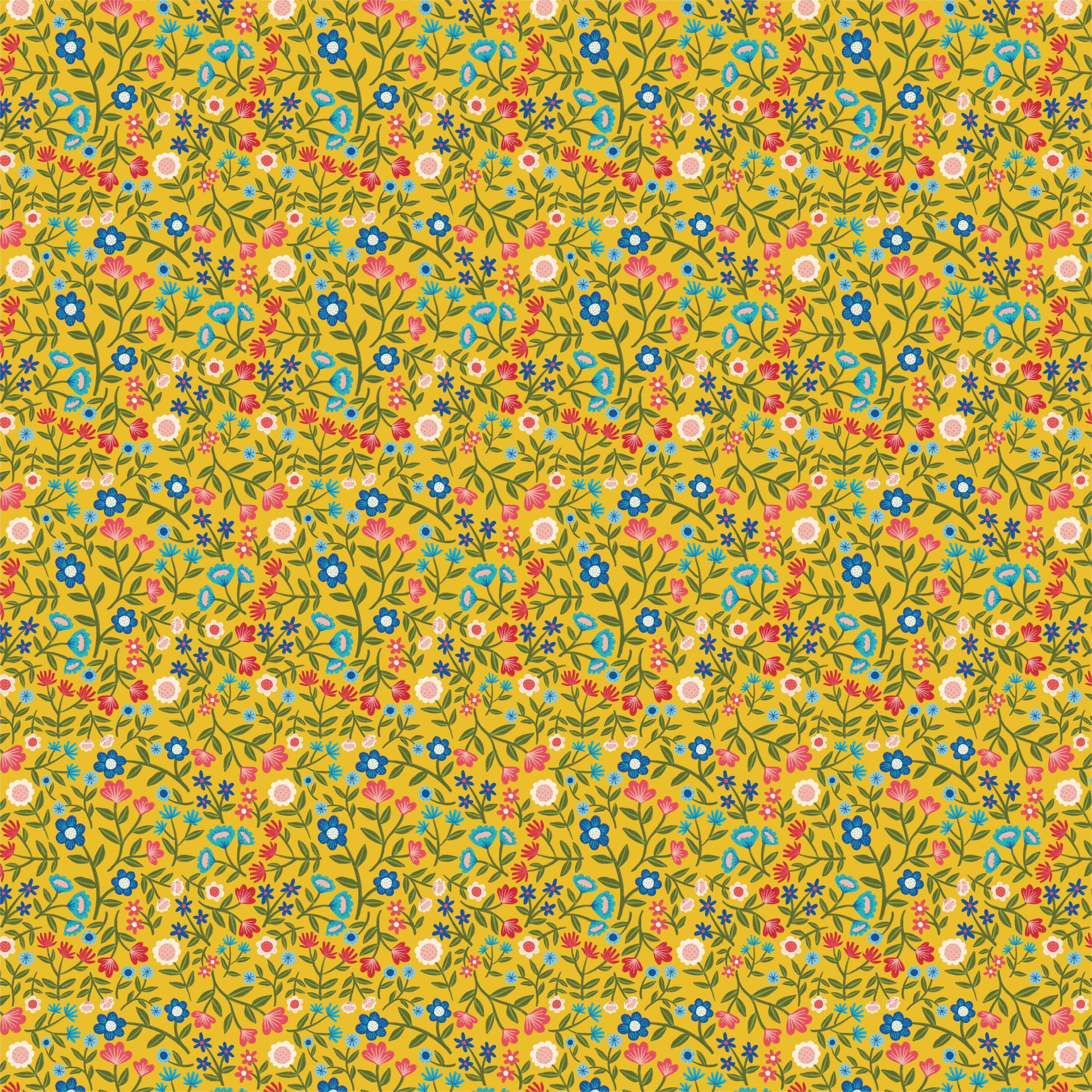 Gelbes Blumenmuster mit verschiedenen kleinen Blumen und grünen Blättern.