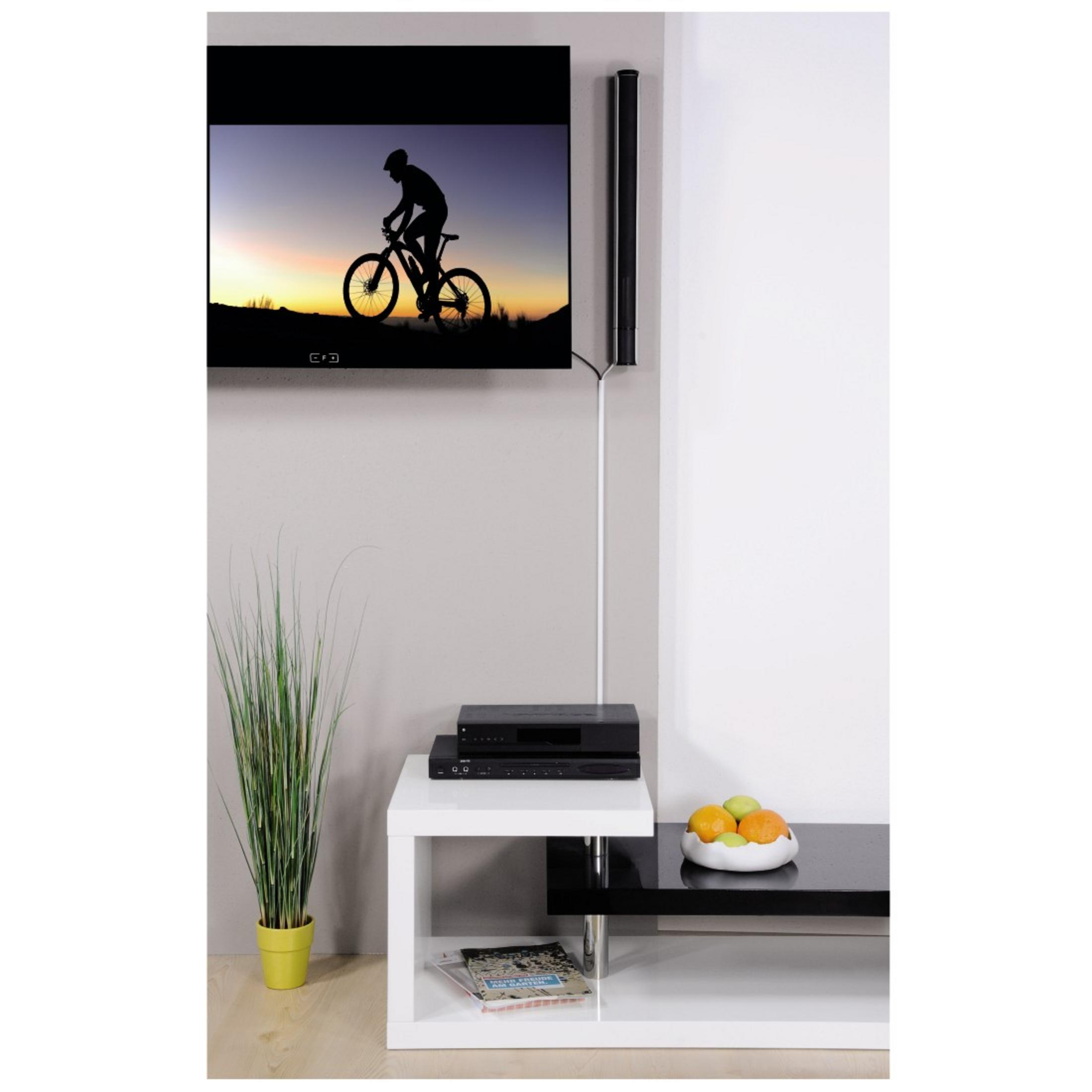 Ein Fernseher zeigt eine Radfahrer-Silhouette. Darunter ein Regal mit Mediengeräten und einer Pflanze.
