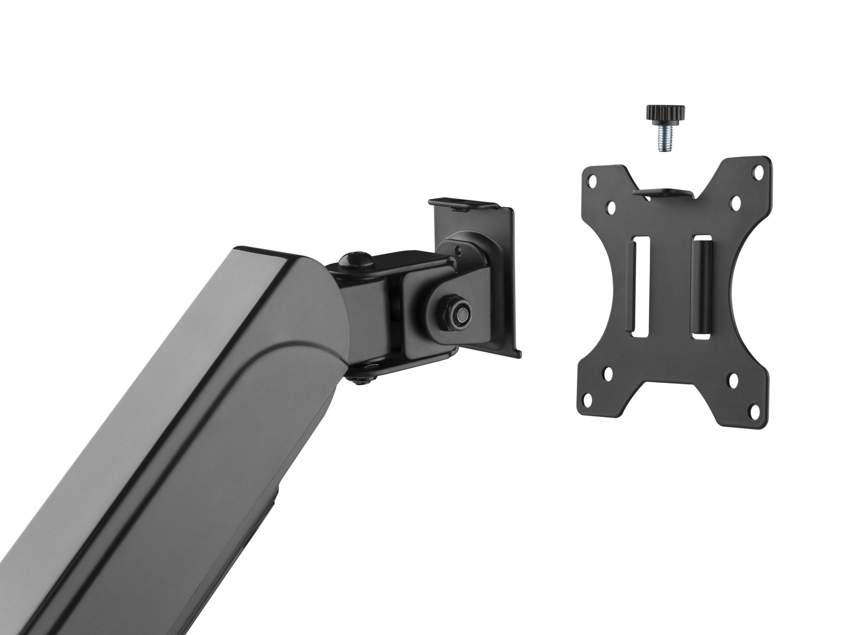 Nahaufnahme eines schwarzen Monitorarms, der ein Gelenk und eine Montageplatte zeigt.
