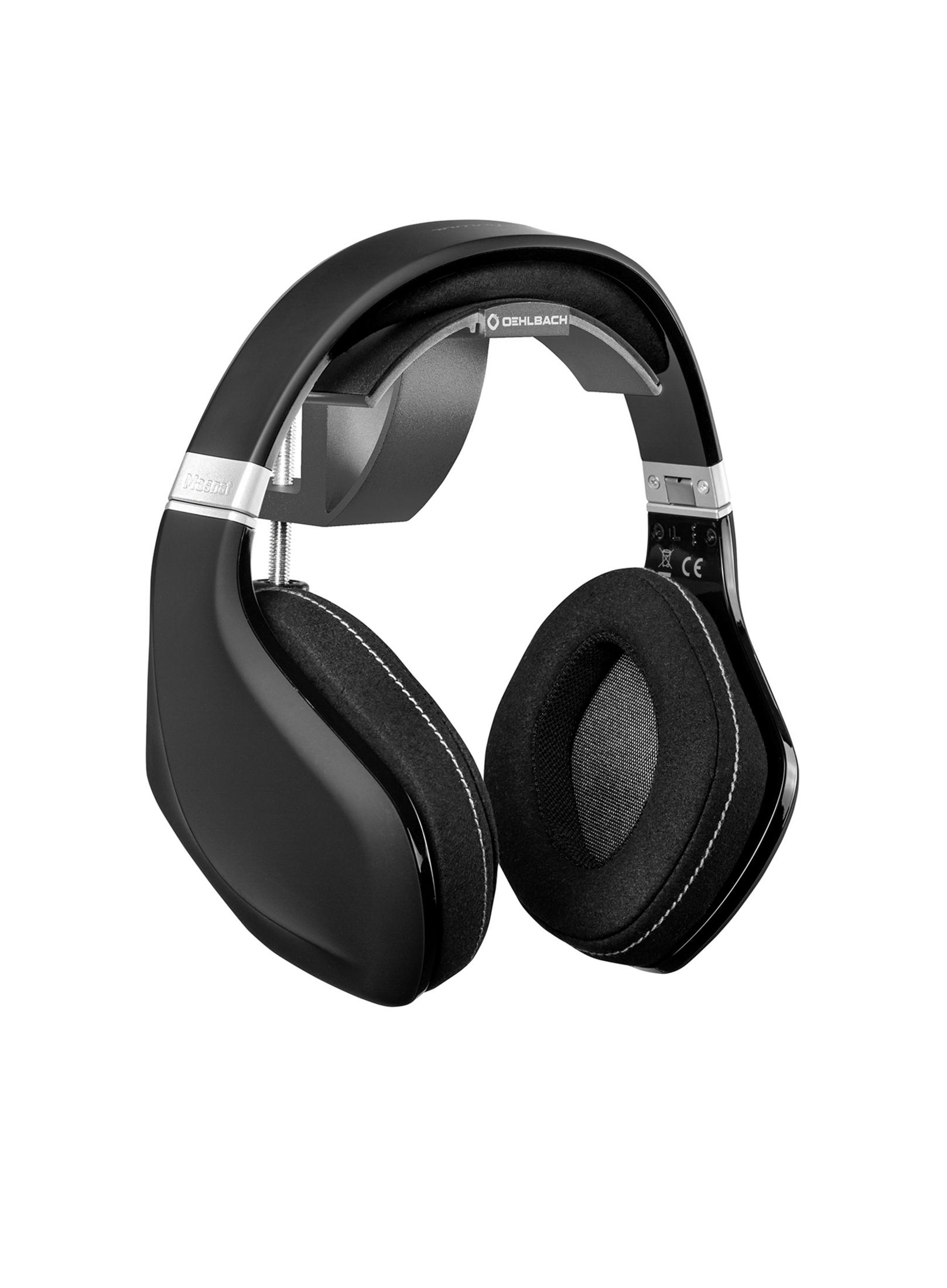 Schwarze Kopfhörer mit einem metallischen Halter.