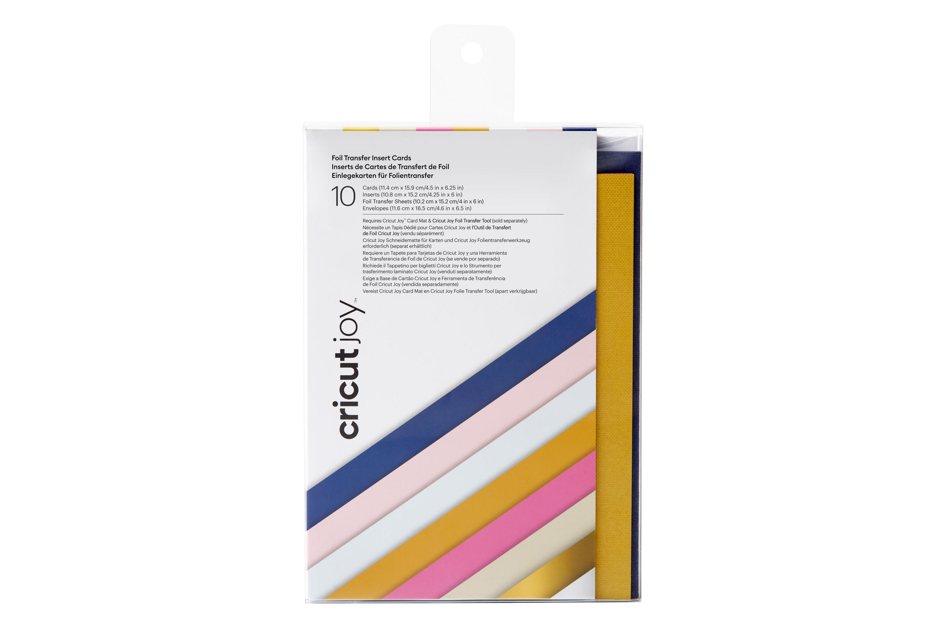 Eine Packung Cricut Joy Folientransferbögen in Pink, Blau, Gold und anderen Farben.