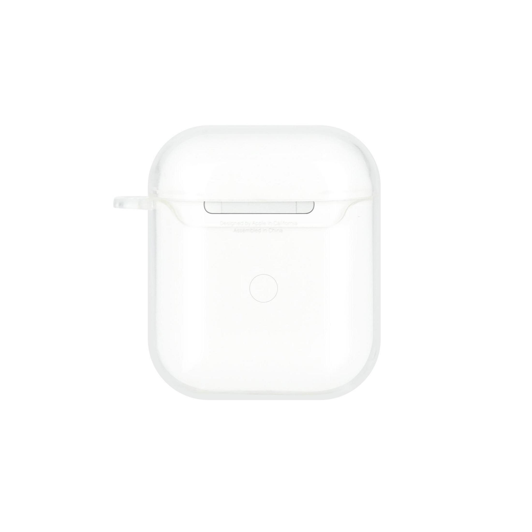 Eine durchsichtige Hülle für AirPods, mit dem AirPods-Etui darin. Weißer Hintergrund.
