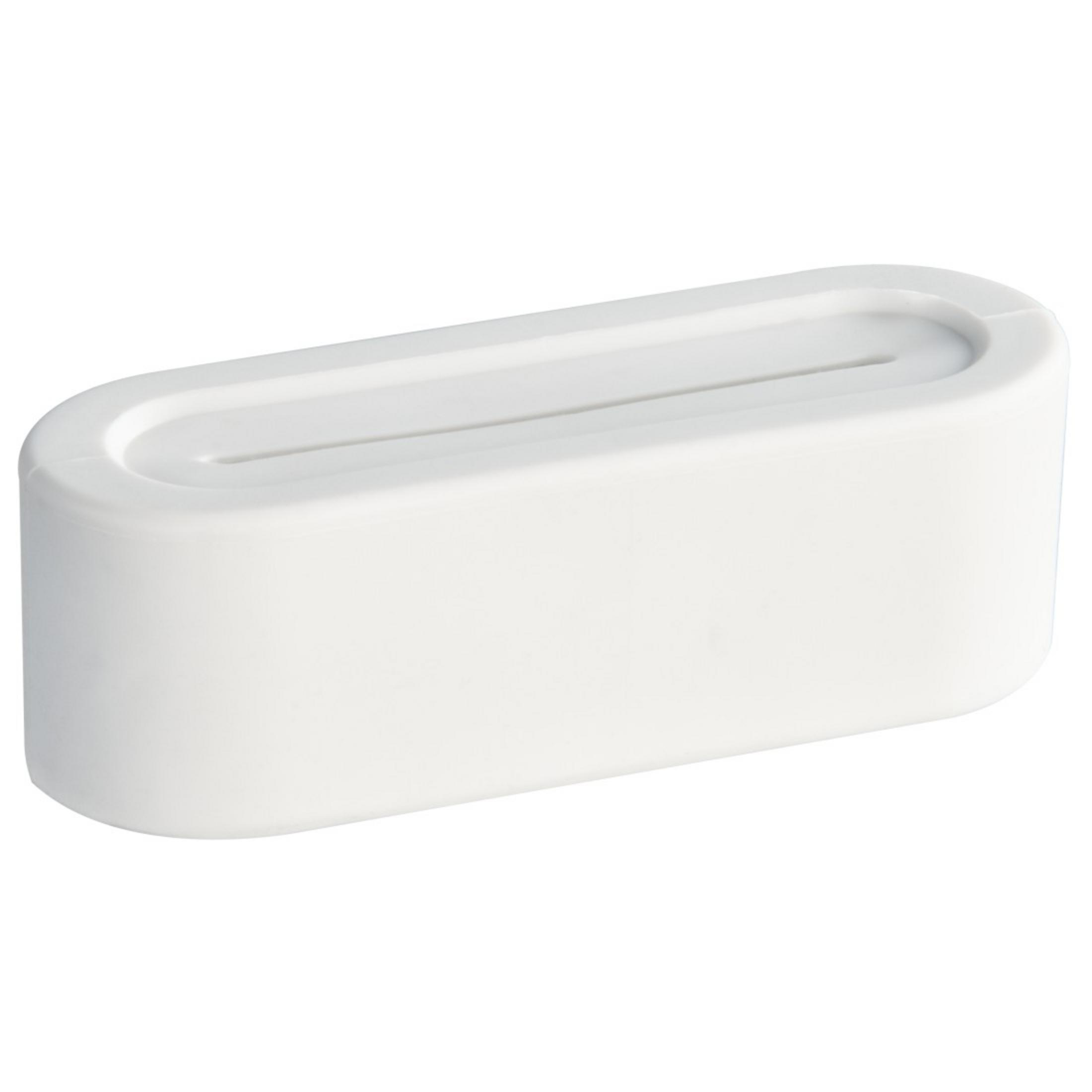 Biała prostokątna mydelniczka. Jest pusta i ma szczelinę na górze.