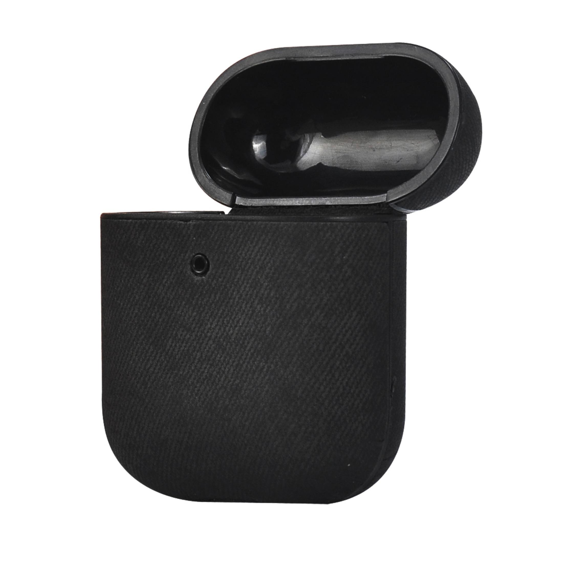 Schwarzes AirPods-Etui mit offenem Deckel.