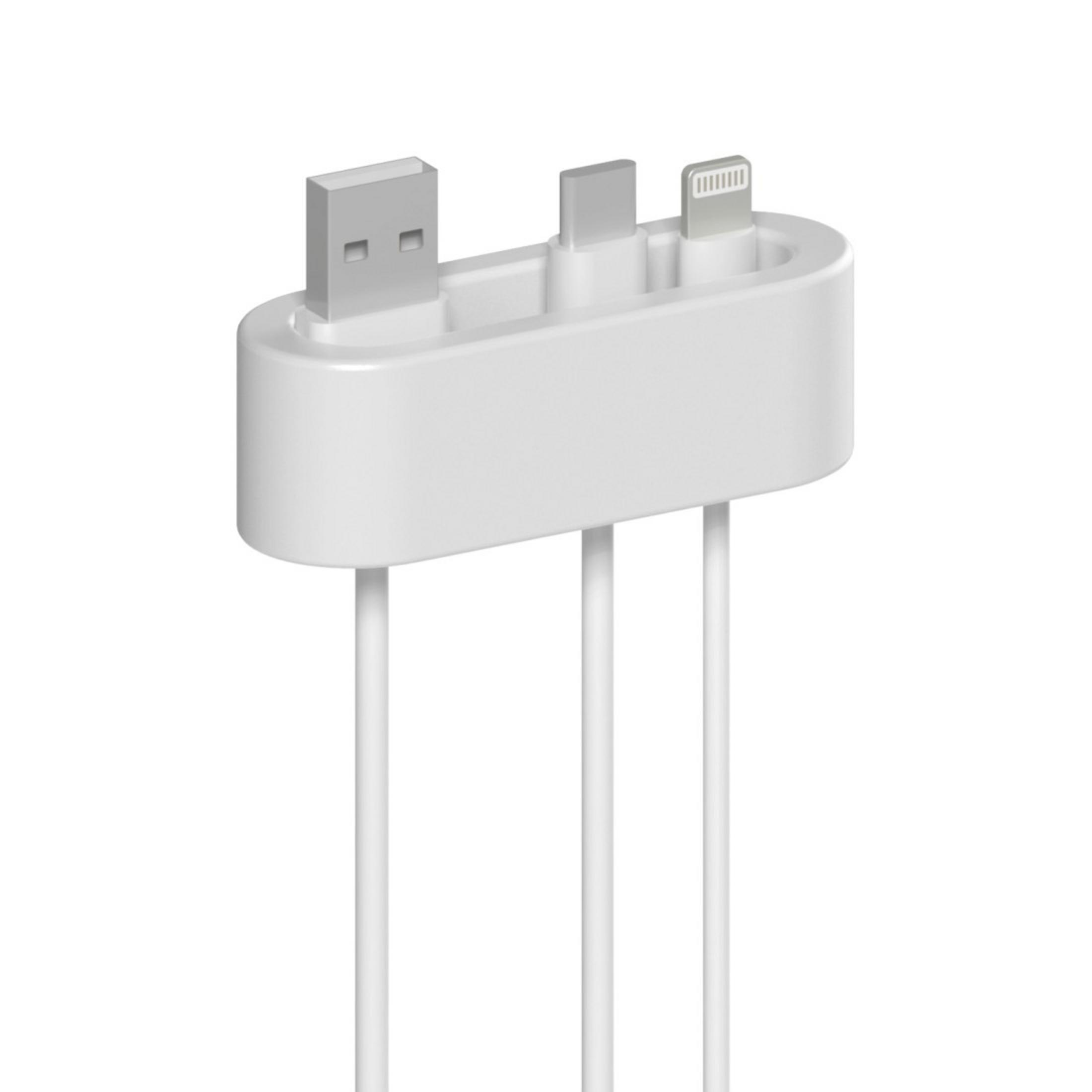 Biały kabel ładujący z trzema złączami: USB, USB-C i Lightning. Widok z boku.