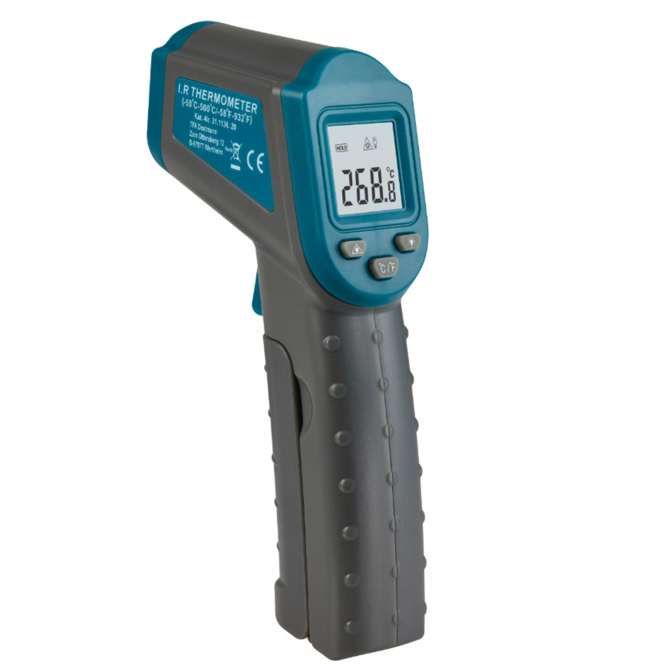 Ein Infrarot-Thermometer. Es ist grau und blaugrün, mit einer Digitalanzeige, die 268,8 anzeigt.