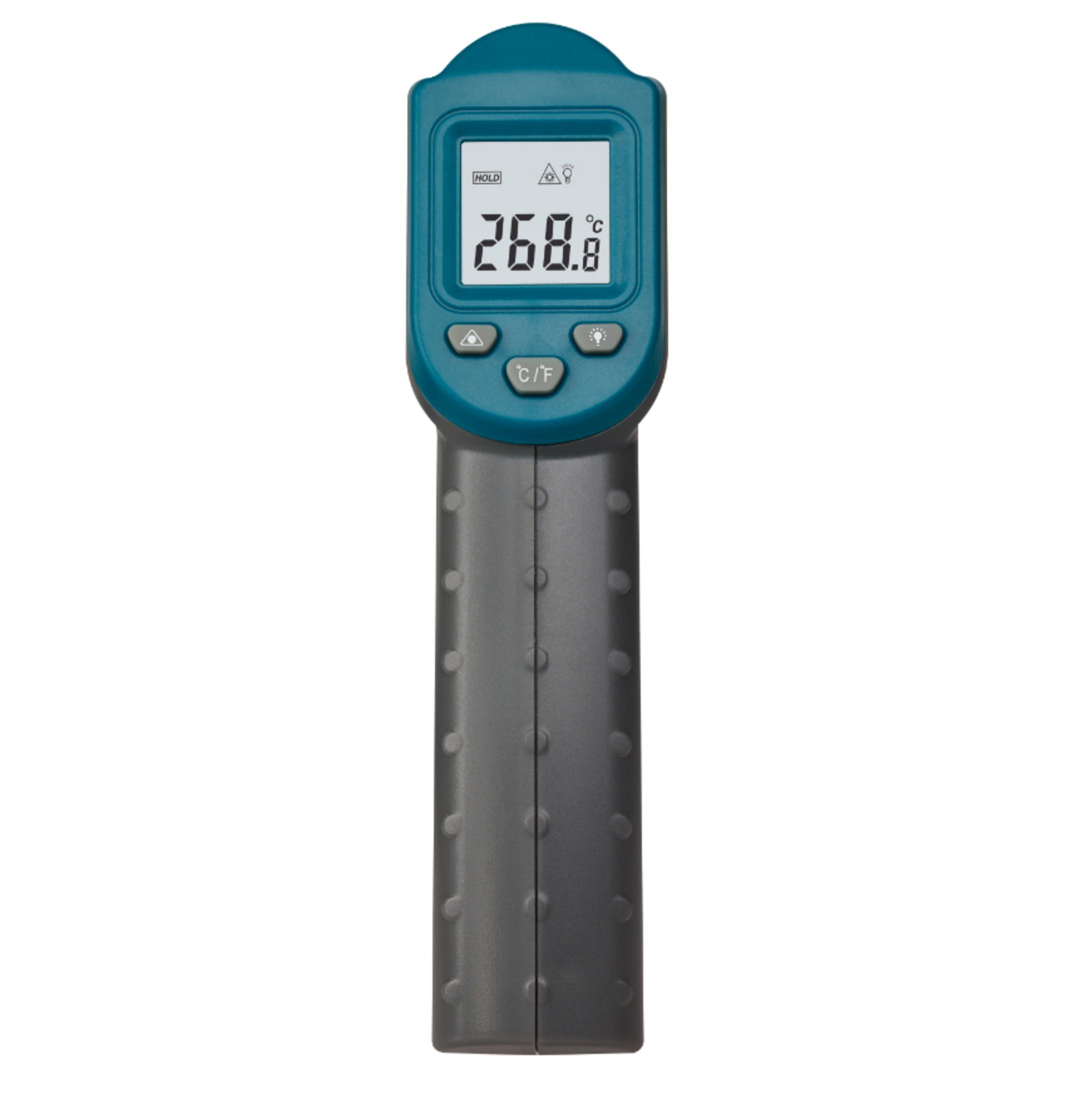 Türkis-graues Infrarot-Thermometer. Anzeige zeigt 268,8 Grad Celsius.