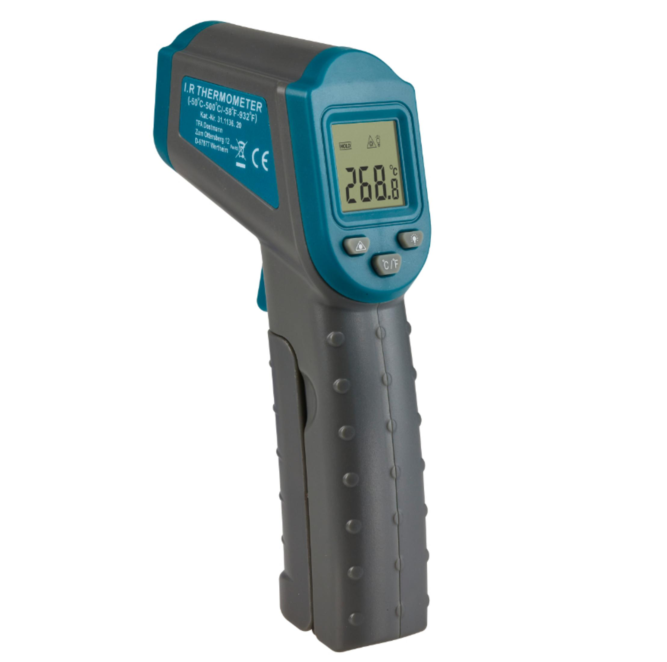Ein türkisfarbenes und graues Infrarotthermometer zeigt 268,8 auf dem Bildschirm an.
