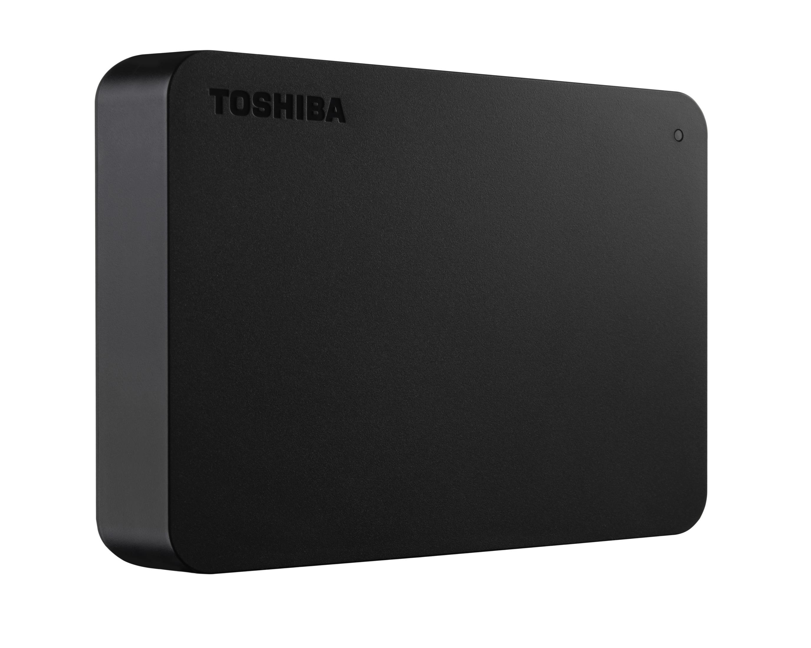 Un disco duro externo negro de Toshiba. El logotipo de Toshiba está en la parte superior.