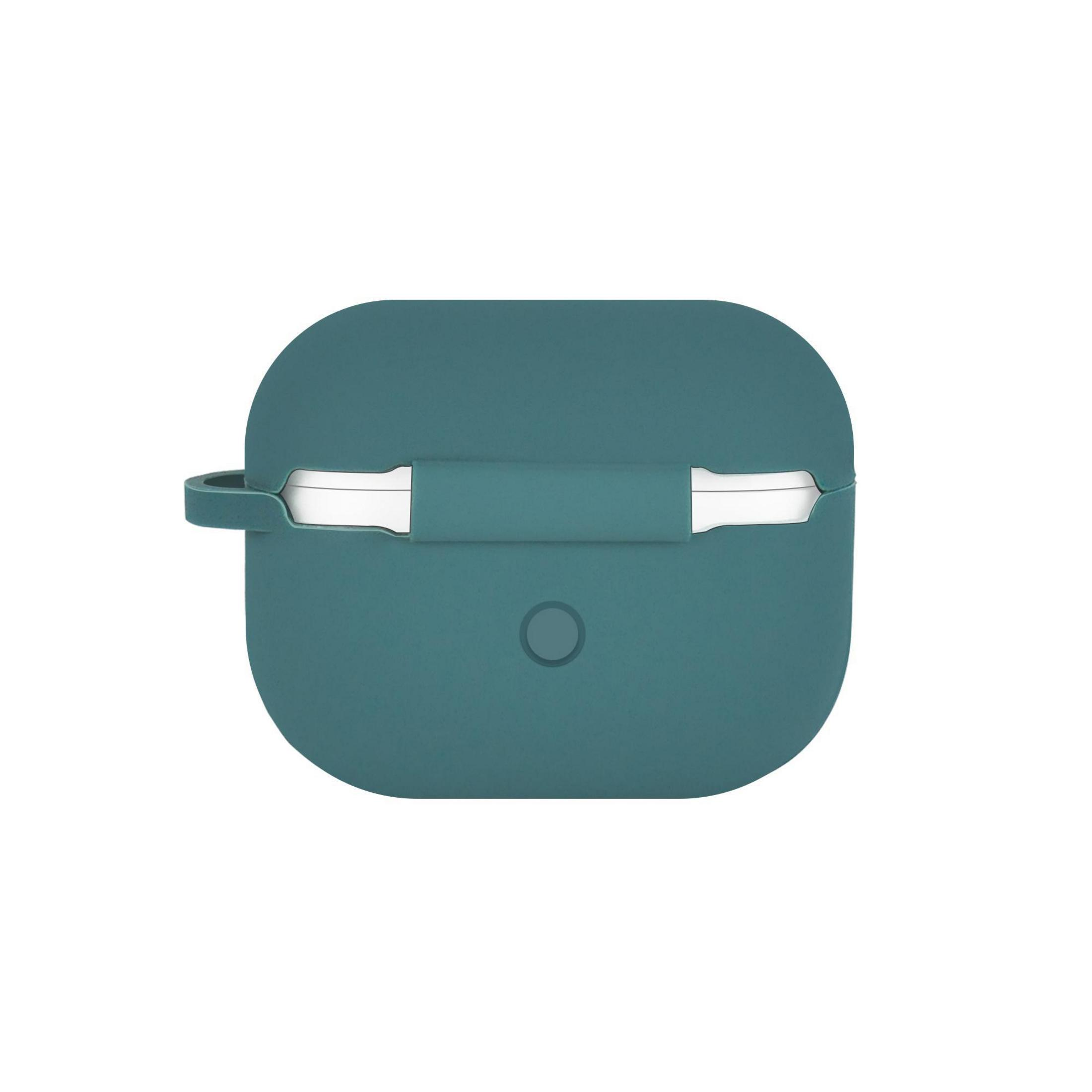 Eine teal-farbene Hülle für AirPods Pro. Sie hat einen Ladeanschluss und ein Loch.